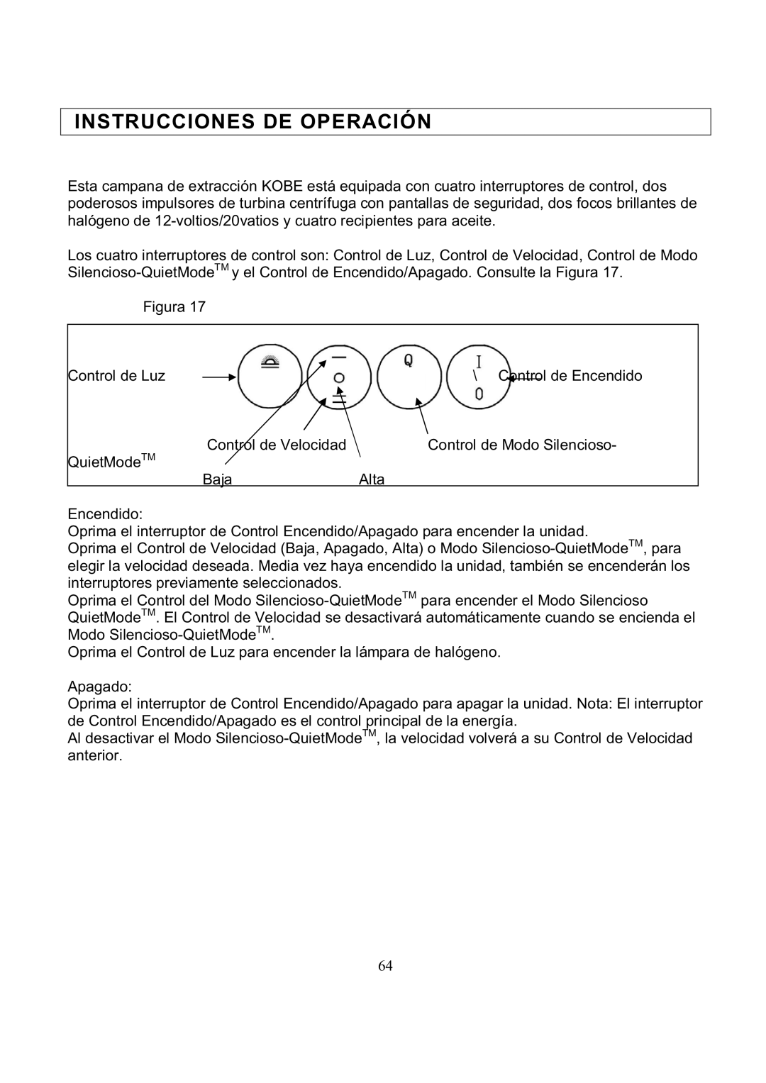 Kobe Range Hoods RA3836SQ, RA3830SQ Instrucciones DE Operación, Figura Control de Luz \ Control de Encendido De Velocidad 