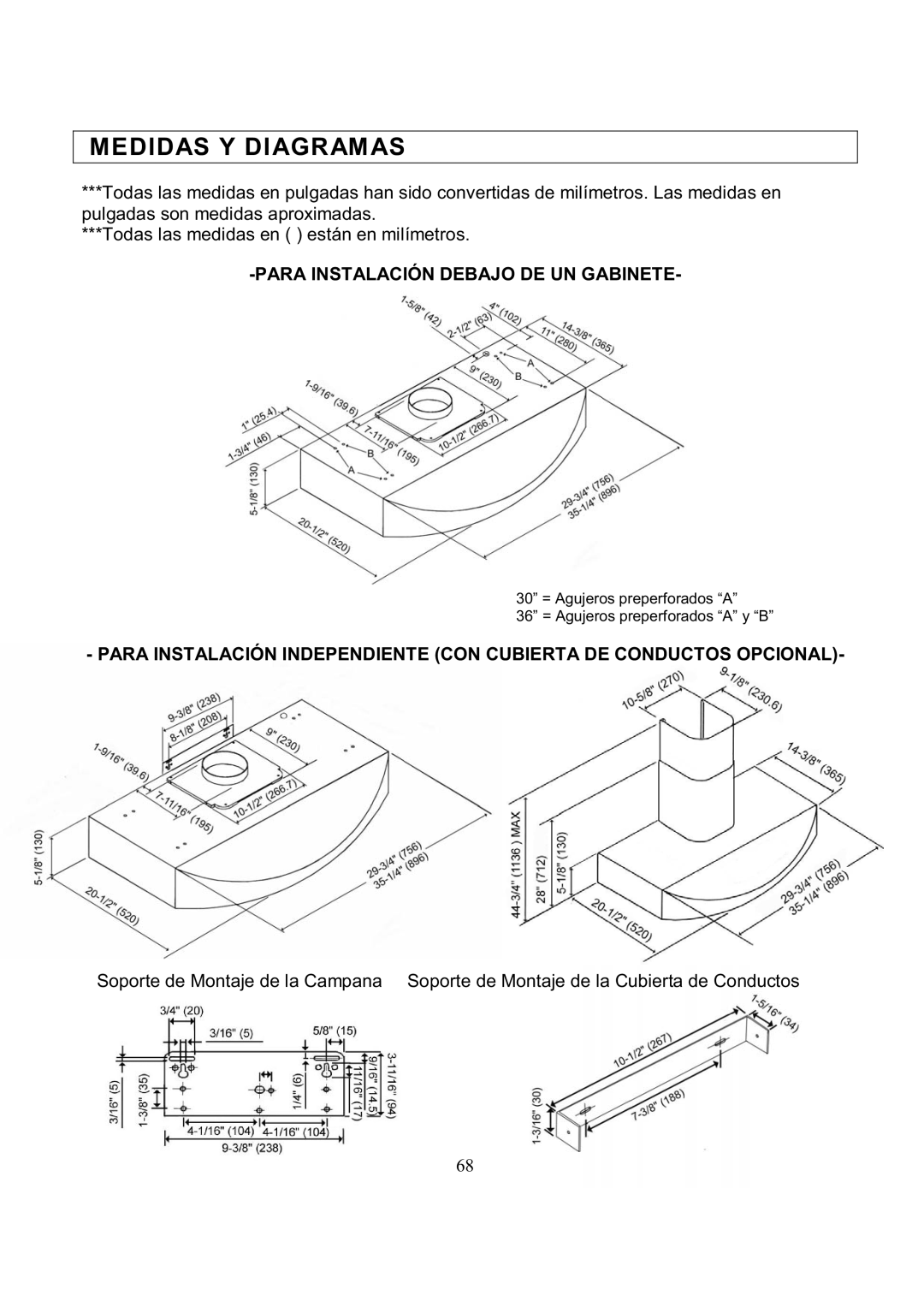 Kobe Range Hoods RA3836SQ, RA3830SQ installation instructions Medidas Y Diagramas, Para Instalación Debajo DE UN Gabinete 