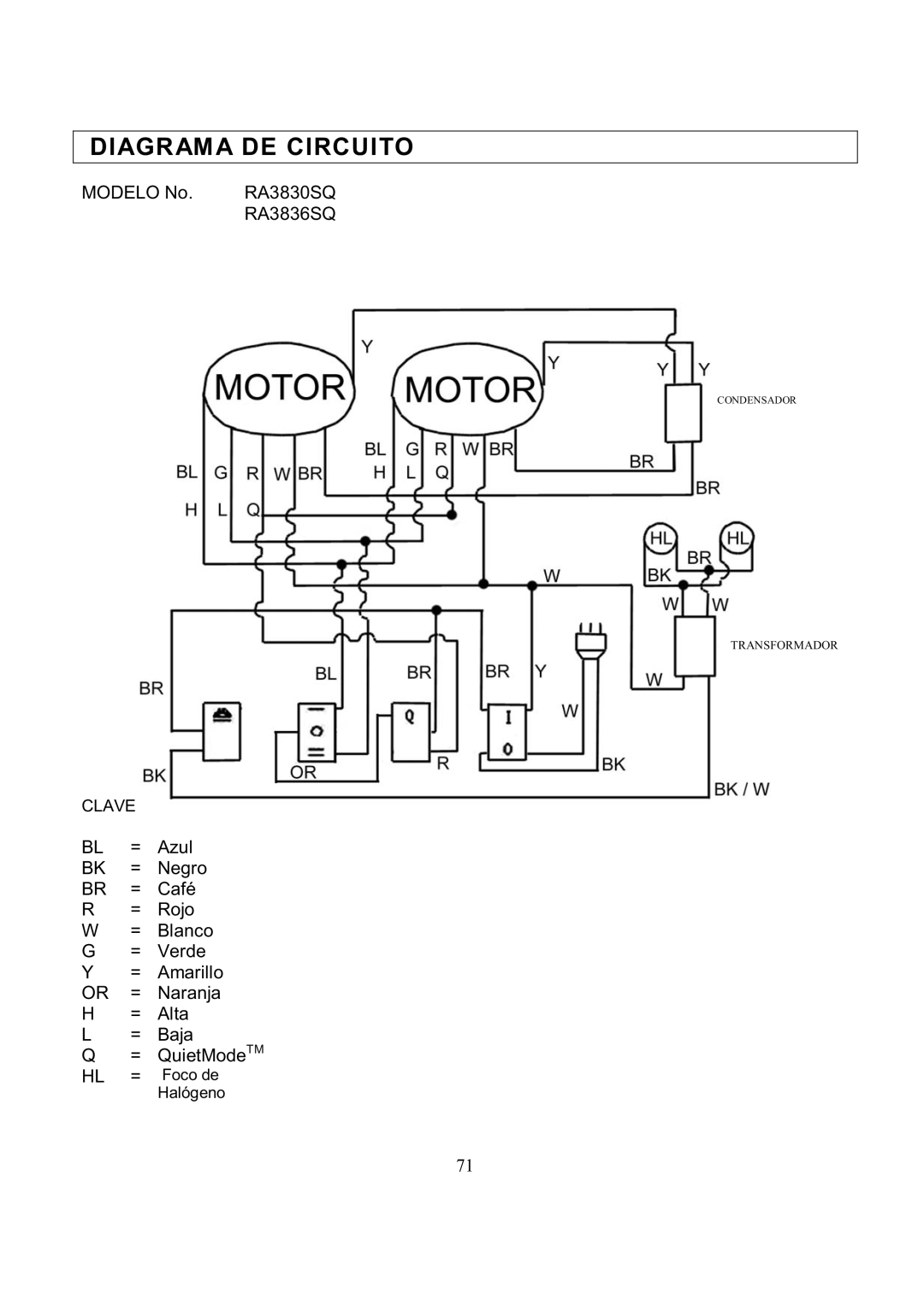 Kobe Range Hoods RA3830SQ, RA3836SQ installation instructions Diagrama DE Circuito 