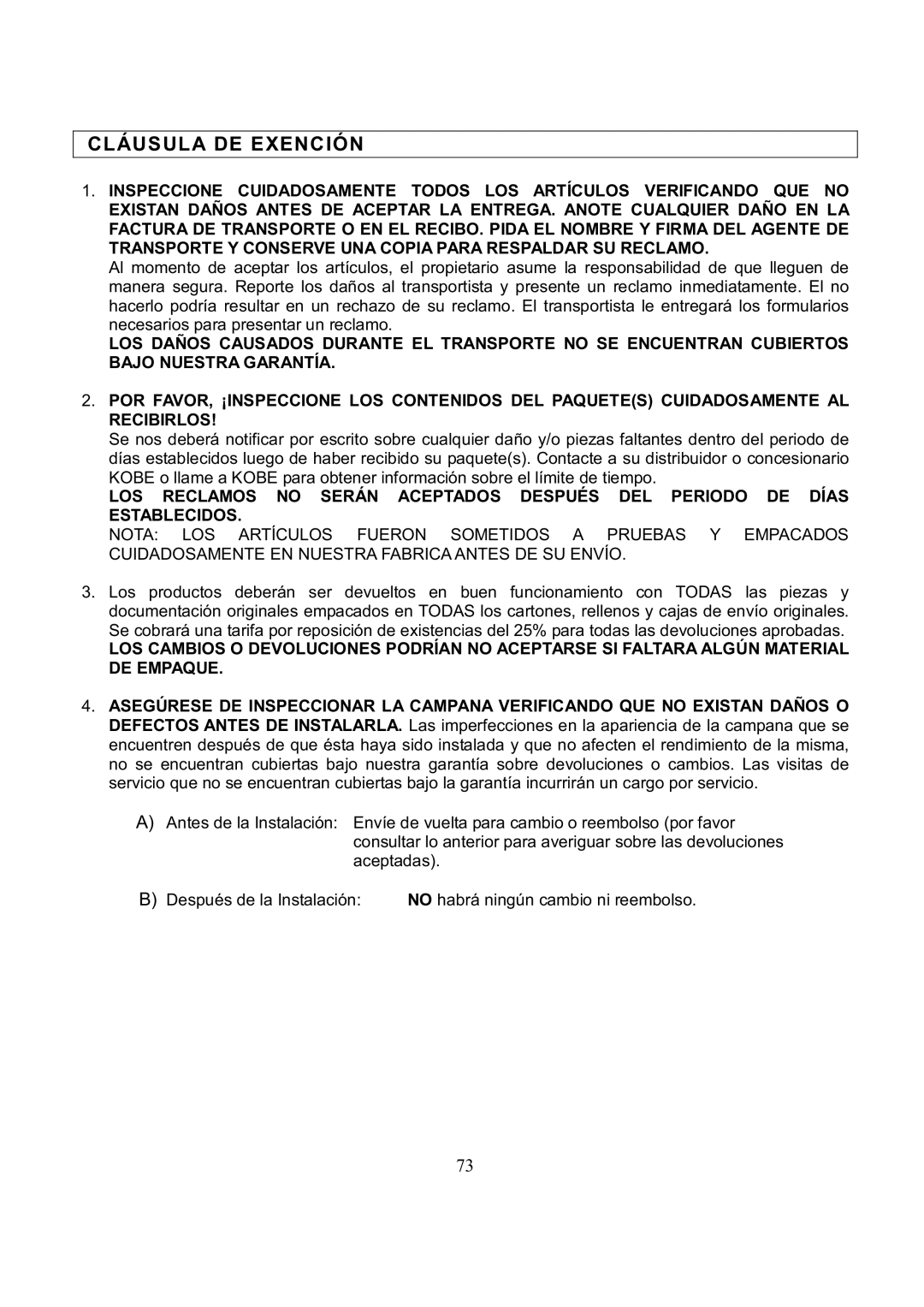 Kobe Range Hoods RA3830SQ, RA3836SQ installation instructions Cláusula DE Exención 