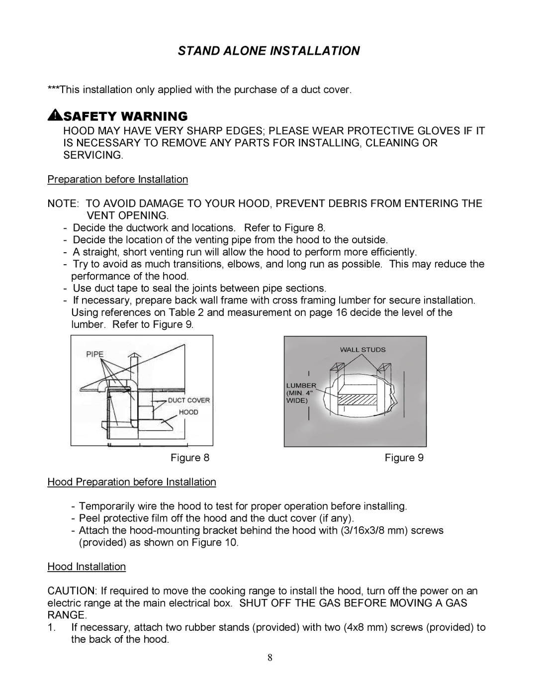 Kobe Range Hoods RA3836SQ, RA3830SQ installation instructions Stand Alone Installation 