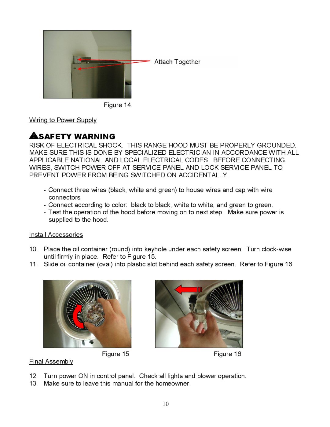 Kobe Range Hoods RA3836SQ, RA3830SQ installation instructions Attach Together Wiring to Power Supply, Final Assembly 