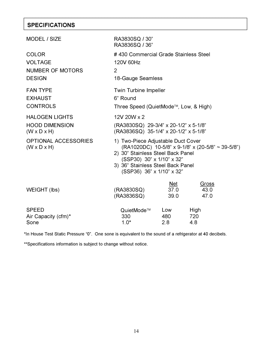 Kobe Range Hoods RA3836SQ, RA3830SQ installation instructions Specifications 