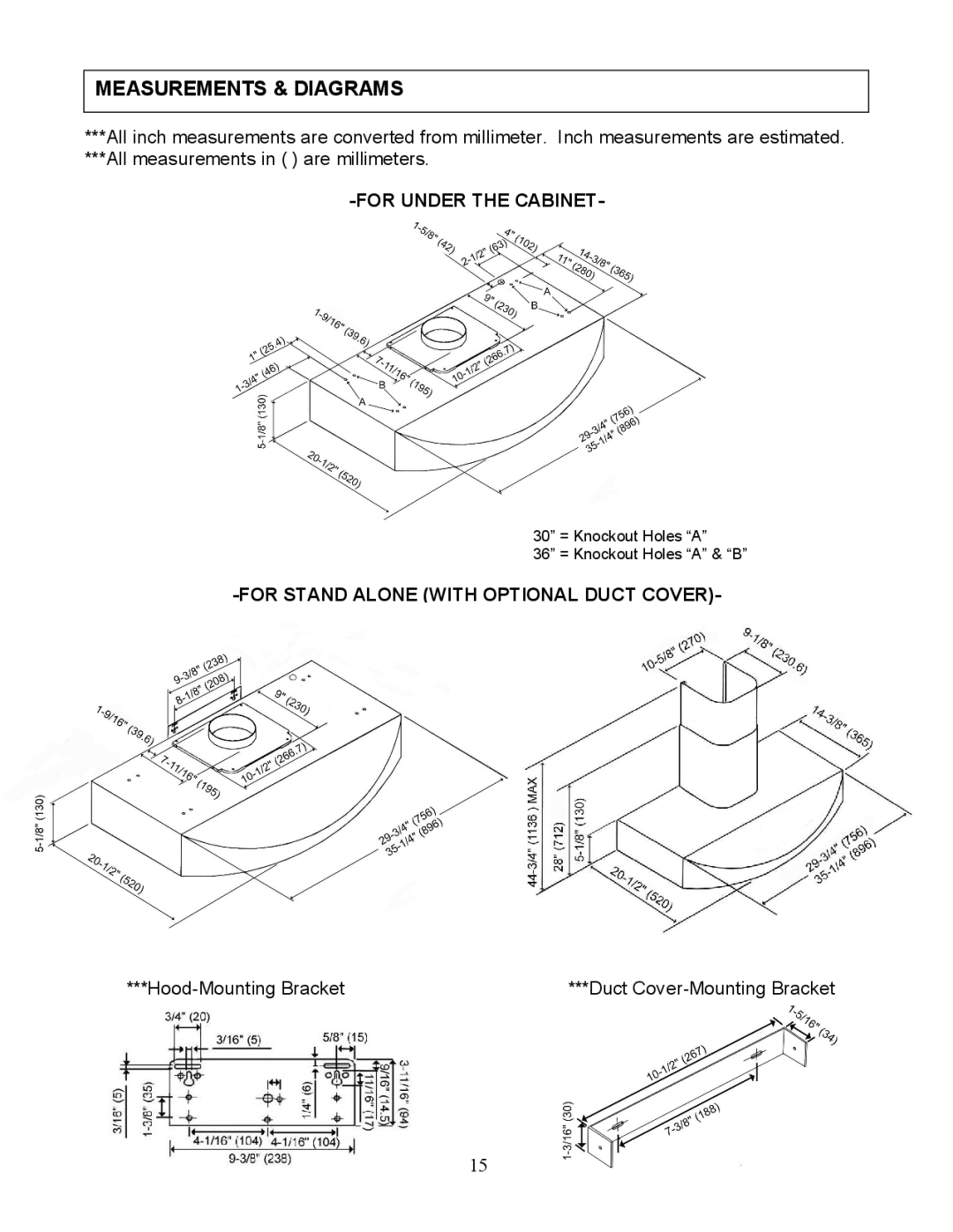 Kobe Range Hoods RA3830SQ, RA3836SQ Measurements & Diagrams, All measurements in are millimeters, Hood-Mounting Bracket 