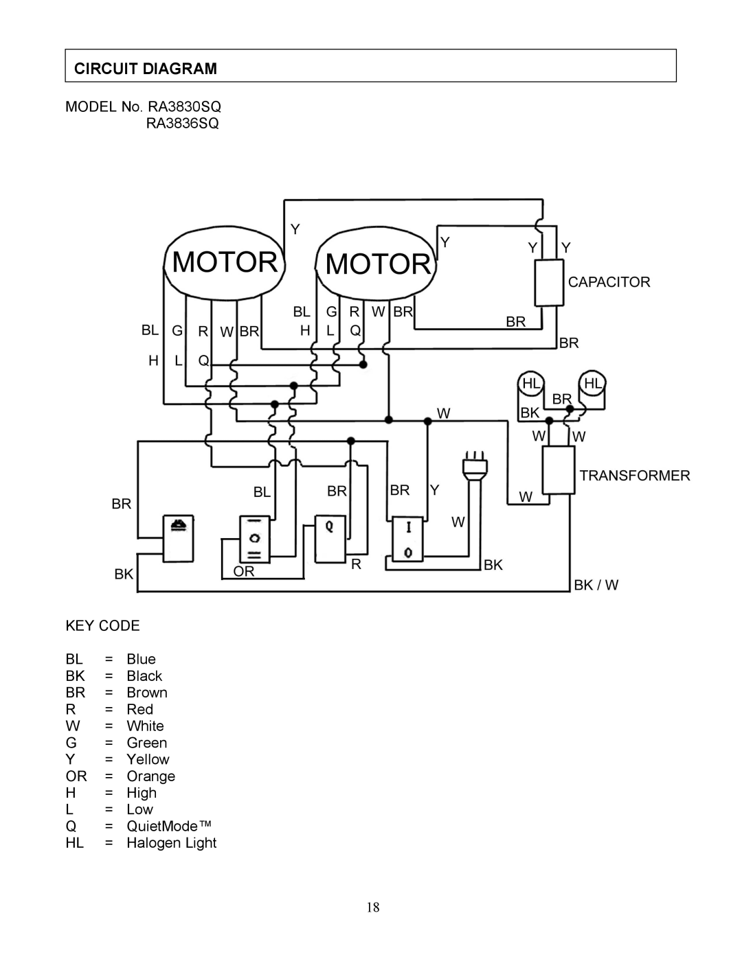 Kobe Range Hoods RA3836SQ, RA3830SQ installation instructions Circuit Diagram, KEY Code 