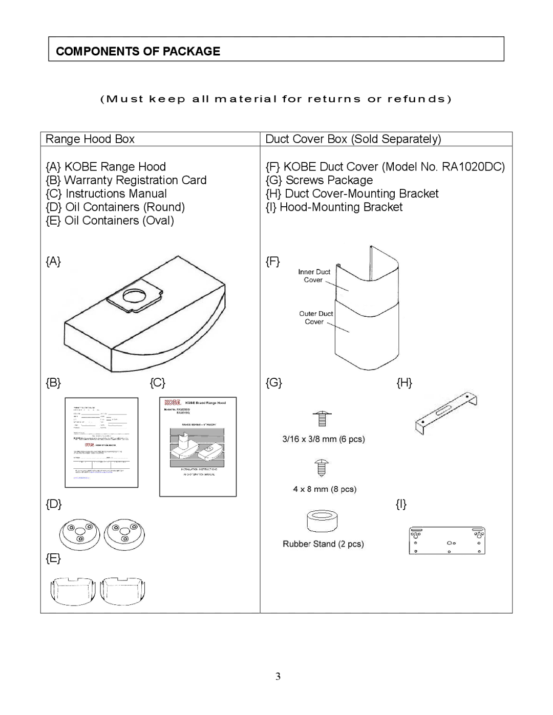 Kobe Range Hoods RA3830SQ, RA3836SQ installation instructions Components of Package 