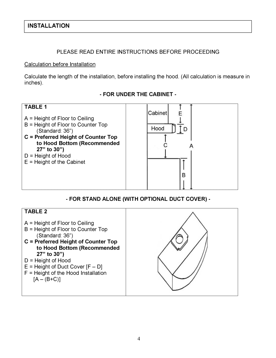 Kobe Range Hoods RA3836SQ, RA3830SQ Installation, Please Read Entire Instructions Before Proceeding, For Under the Cabinet 