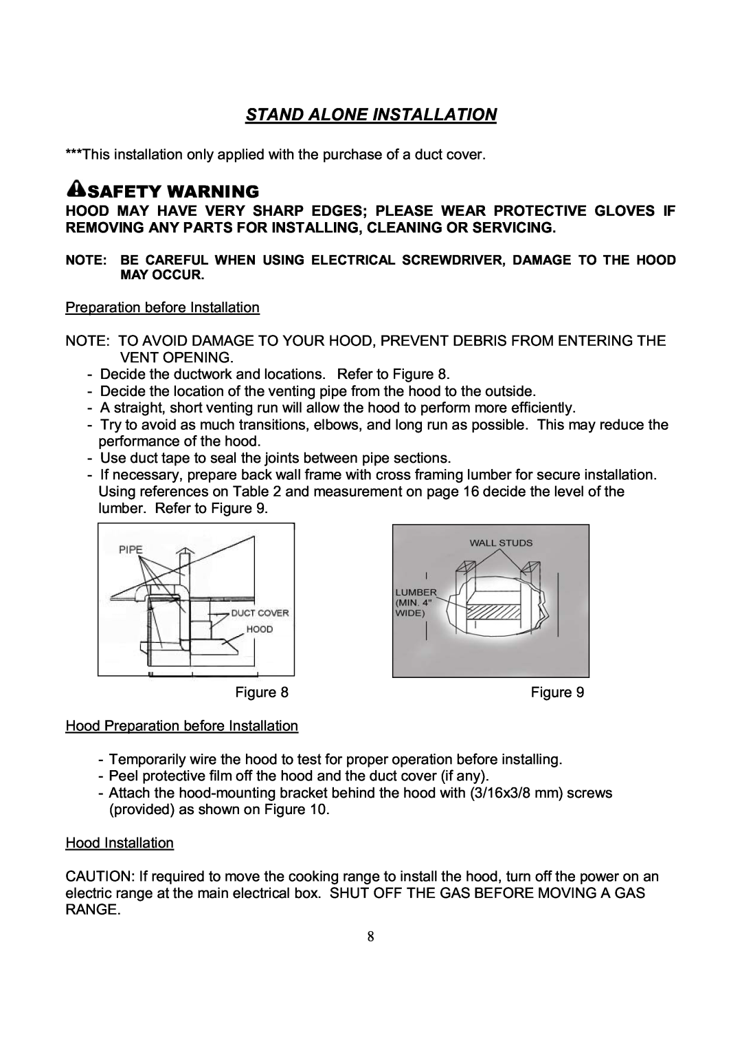 Kobe Range Hoods RA3836SQ, RA3830SQ installation instructions Stand Alone Installation, Safety Warning 