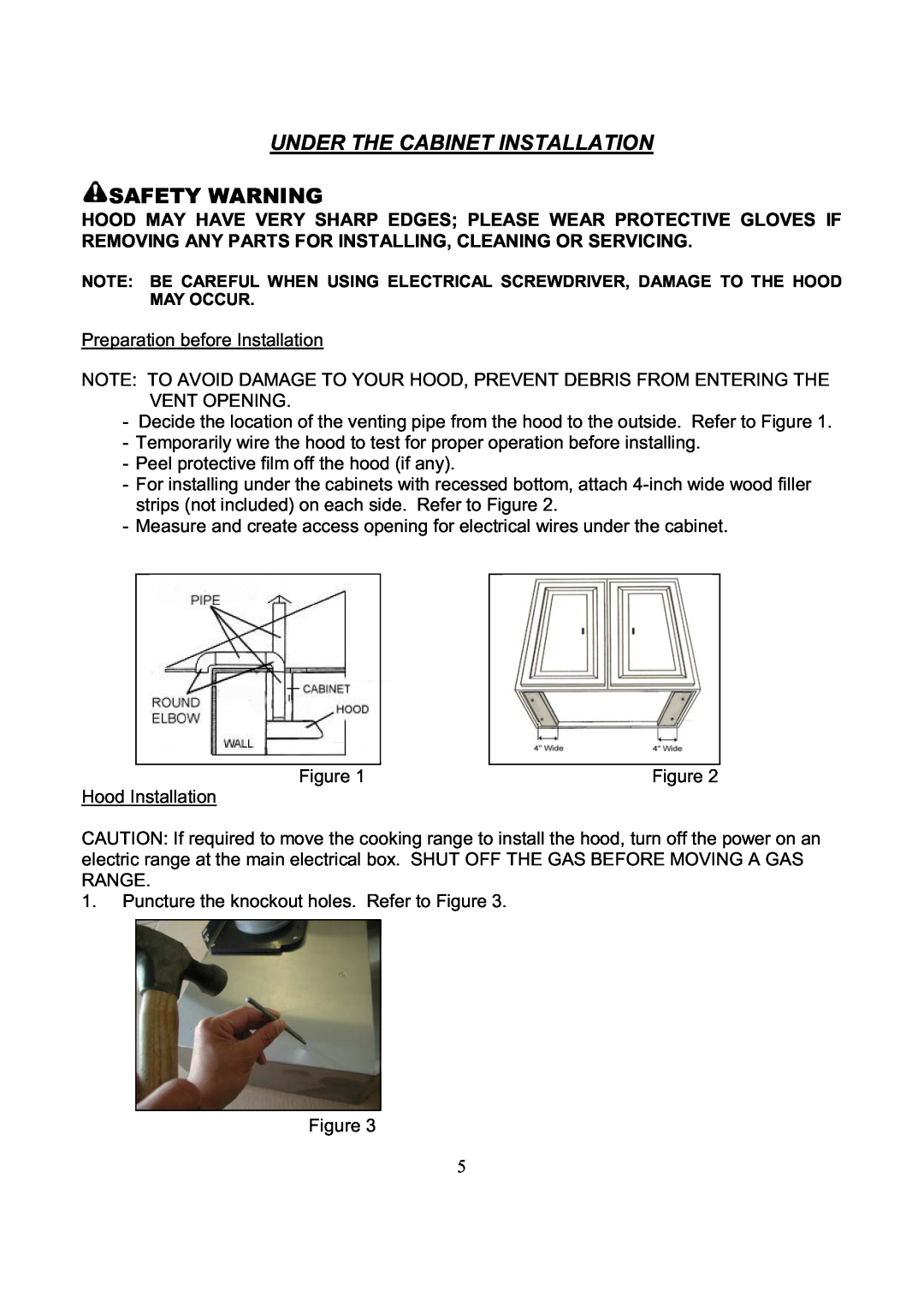 Kobe Range Hoods RA3830SQ, RA3836SQ installation instructions Under The Cabinet Installation, Safety Warning 