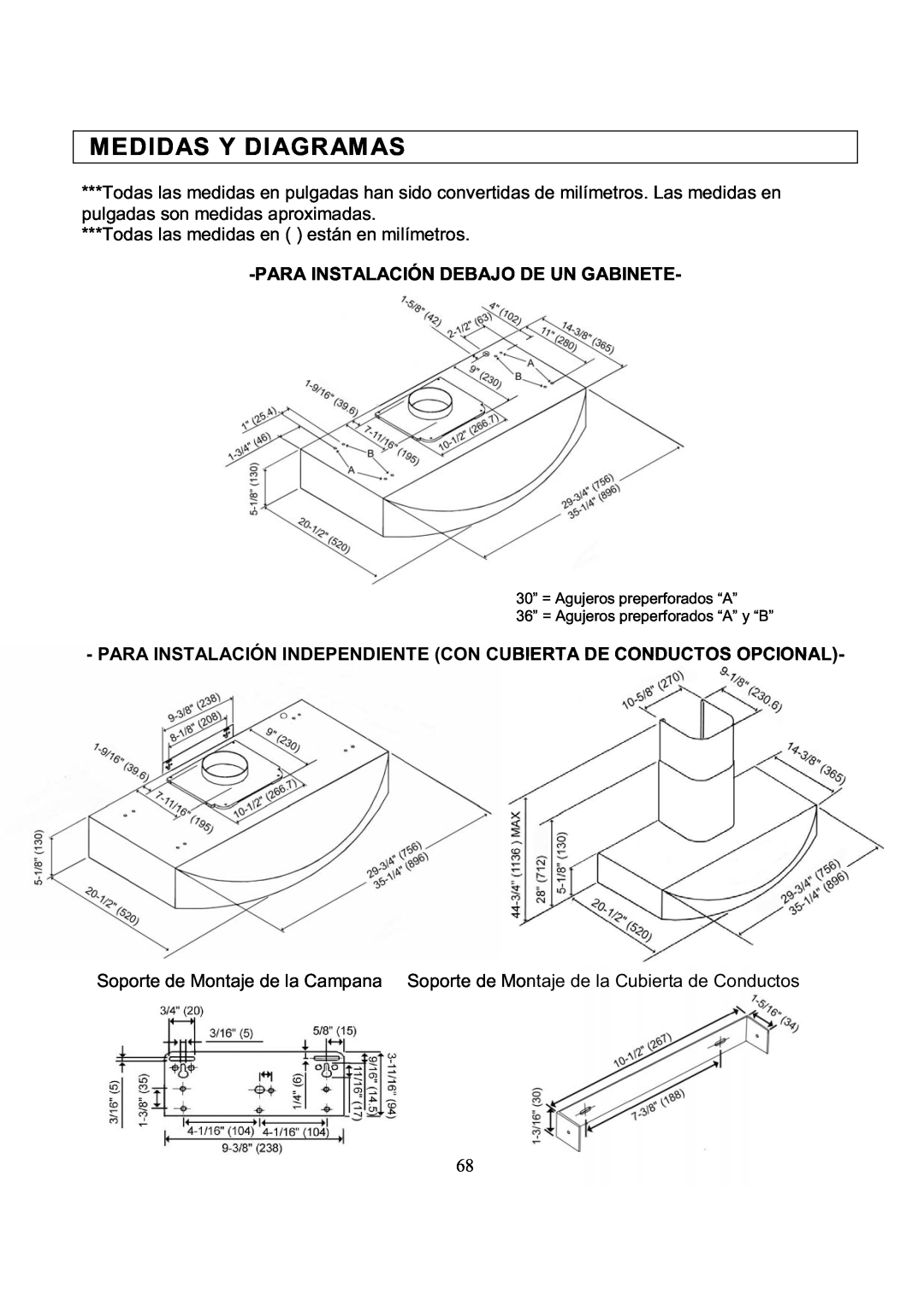 Kobe Range Hoods RA3836SQ, RA3830SQ installation instructions Medidas Y Diagramas, Parainstalación Debajo De Un Gabinete 