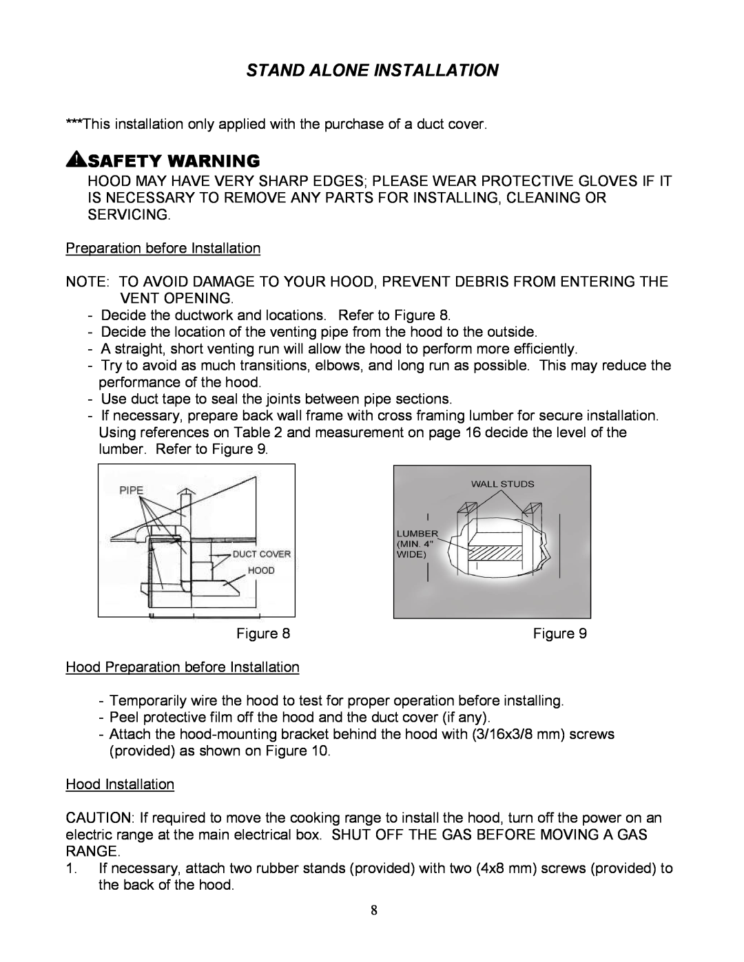 Kobe Range Hoods RA3836SQ, RA3830SQ installation instructions Stand Alone Installation, Safety Warning 