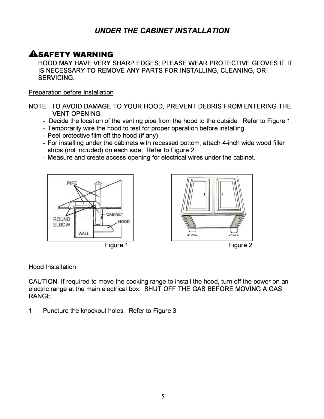 Kobe Range Hoods RA3830SQ, RA3836SQ installation instructions Under The Cabinet Installation Safety Warning 