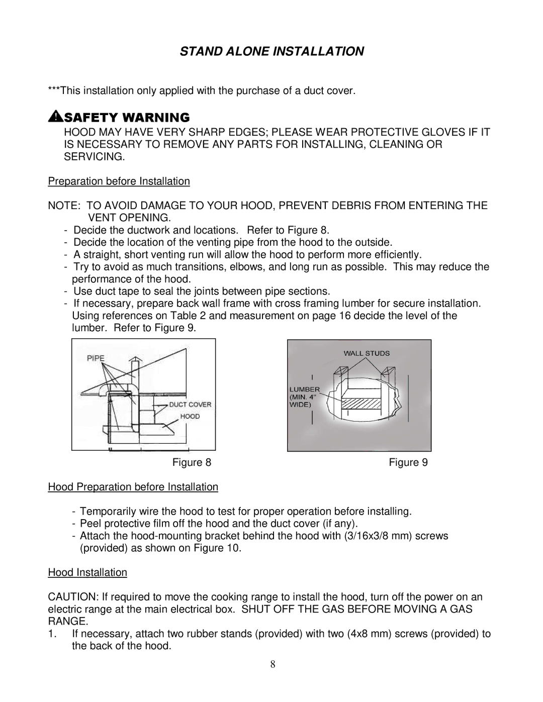 Kobe Range Hoods RA3836SQ installation instructions Stand Alone Installation 