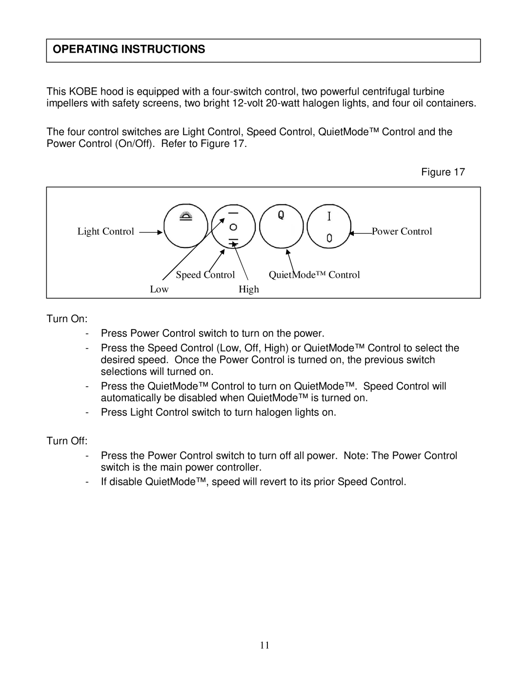 Kobe Range Hoods RA3836SQ installation instructions Operating Instructions 