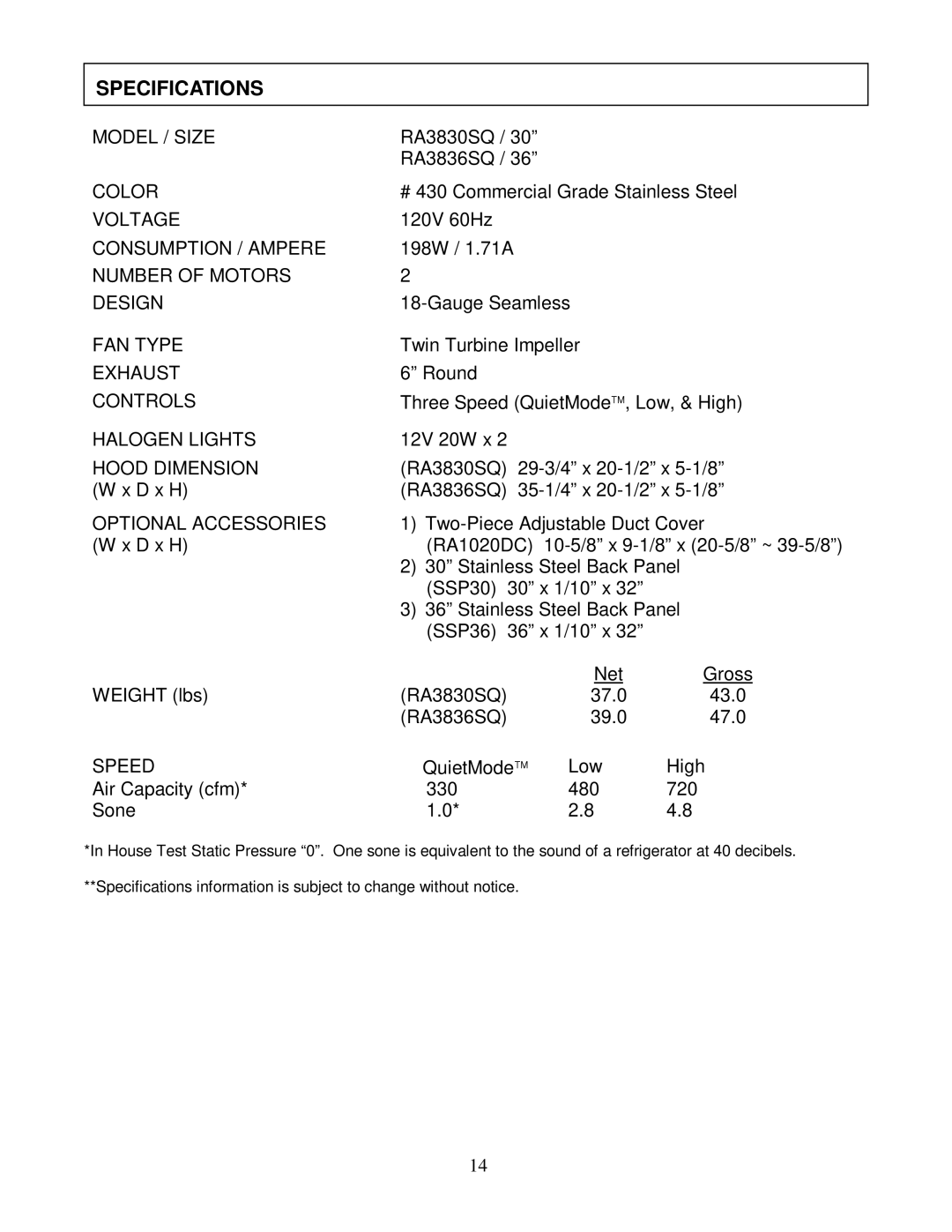 Kobe Range Hoods RA3836SQ installation instructions Specifications 