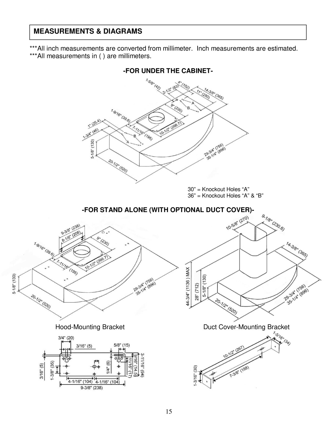 Kobe Range Hoods RA3836SQ Measurements & Diagrams, Hood-Mounting Bracket Duct Cover-Mounting Bracket 