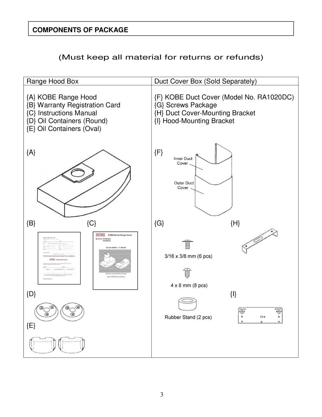 Kobe Range Hoods RA3836SQ installation instructions Components of Package 