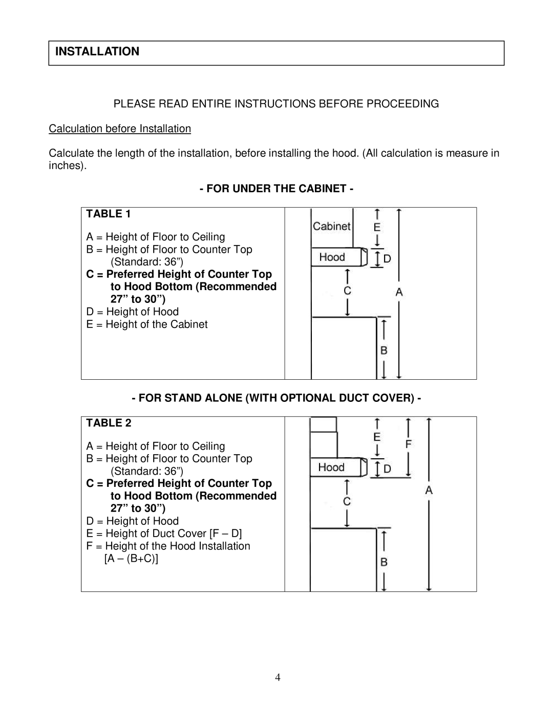 Kobe Range Hoods RA3836SQ installation instructions Installation, Please Read Entire Instructions Before Proceeding 