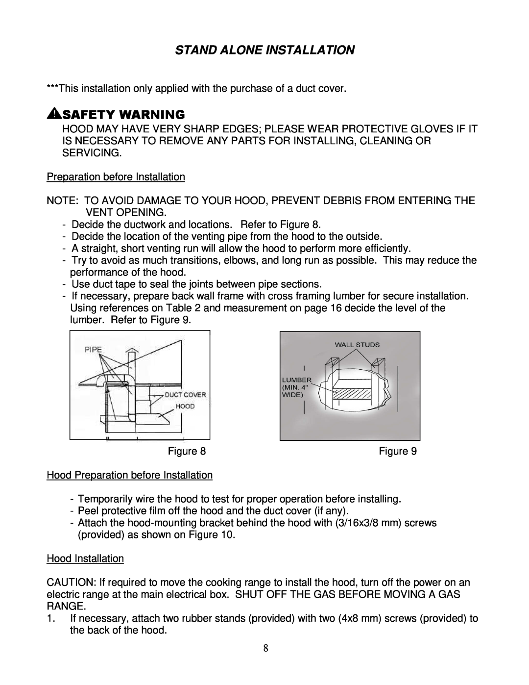 Kobe Range Hoods RA3836SQ installation instructions Stand Alone Installation, Safety Warning 