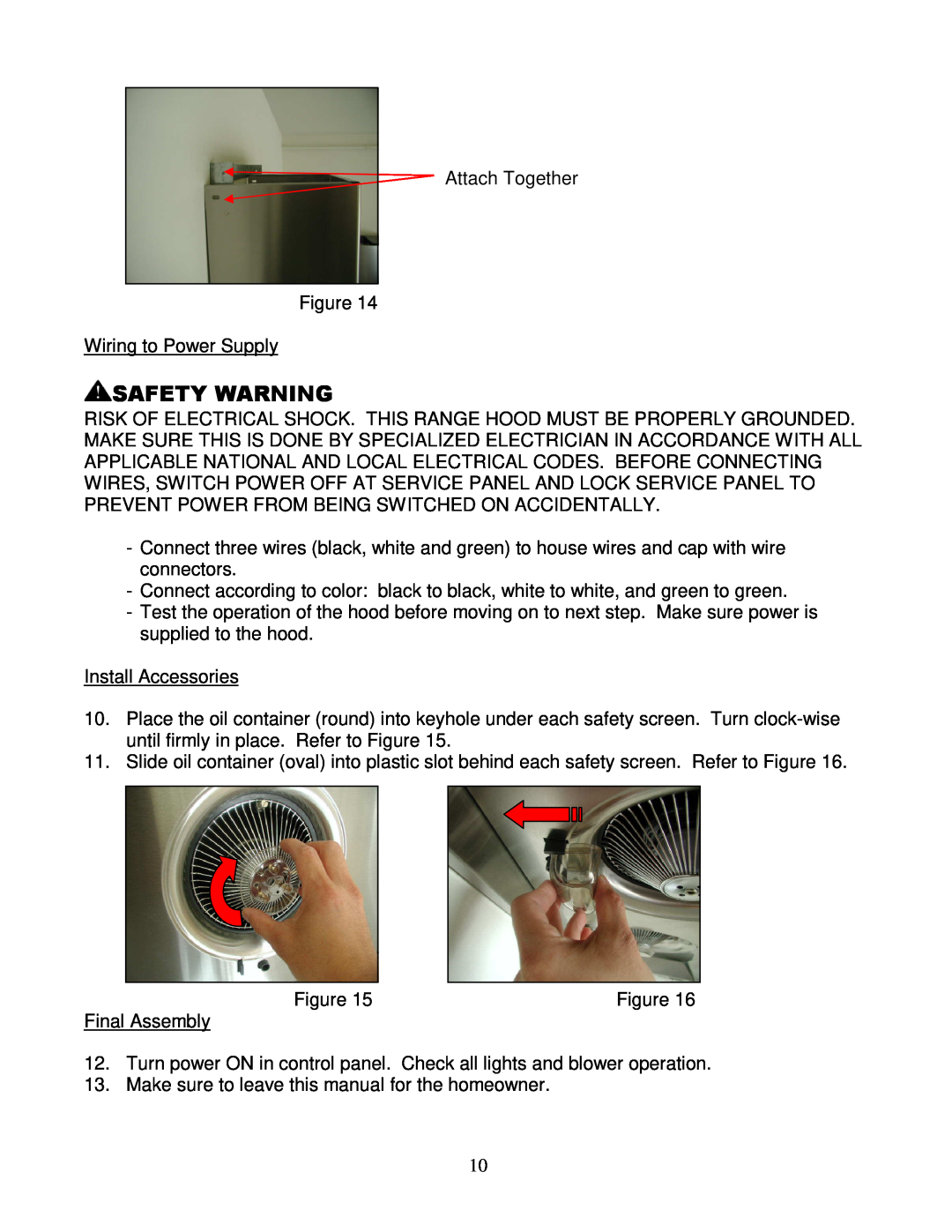 Kobe Range Hoods RA3836SQ installation instructions Safety Warning, Attach Together Figure Wiring to Power Supply 