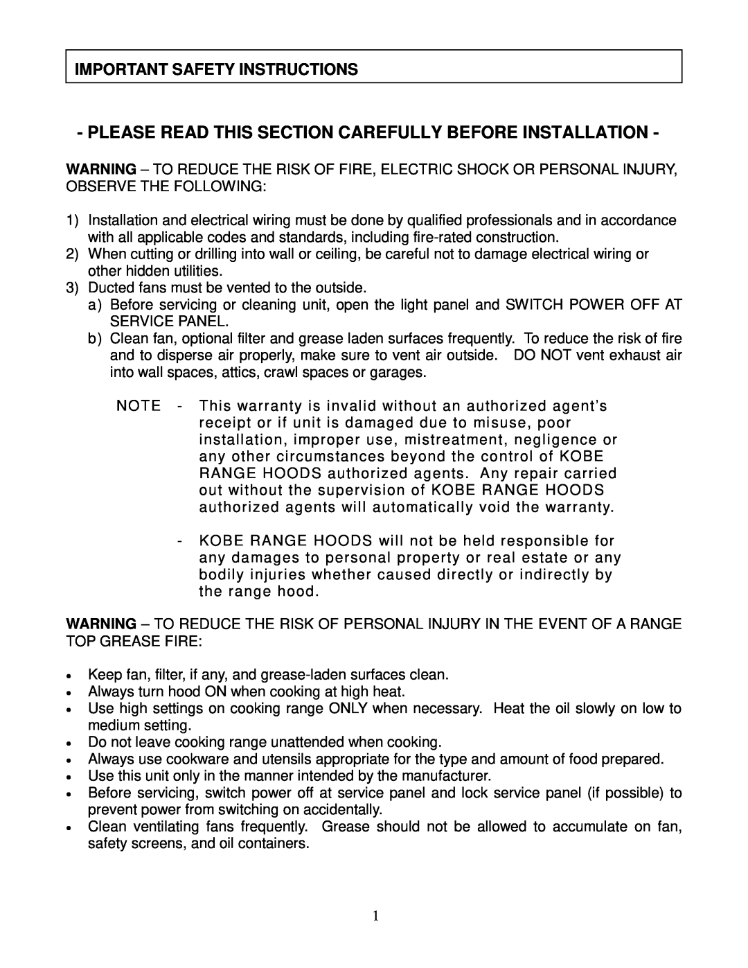 Kobe Range Hoods RA3836SQ installation instructions Important Safety Instructions 