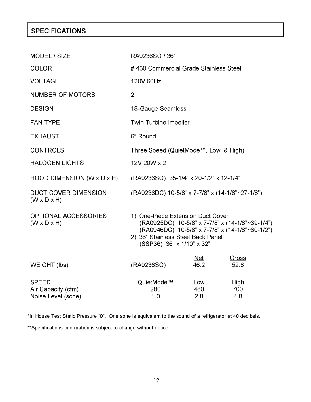 Kobe Range Hoods RA9236SQ manual Specifications 