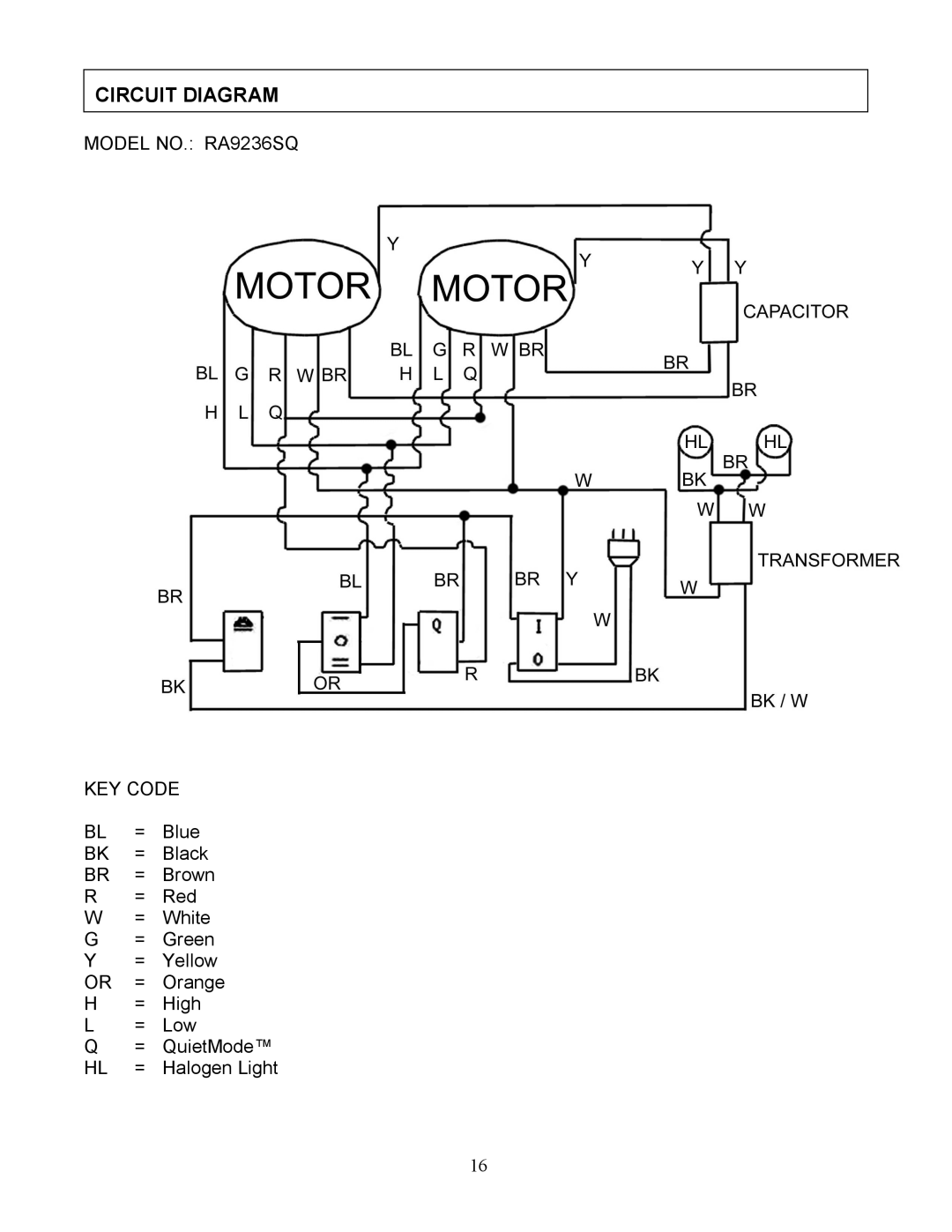 Kobe Range Hoods manual Circuit Diagram, Model NO. RA9236SQ KEY Code 