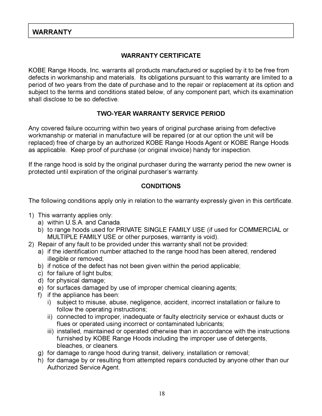 Kobe Range Hoods RA9236SQ manual Warranty Certificate, TWO-YEAR Warranty Service Period, Conditions 