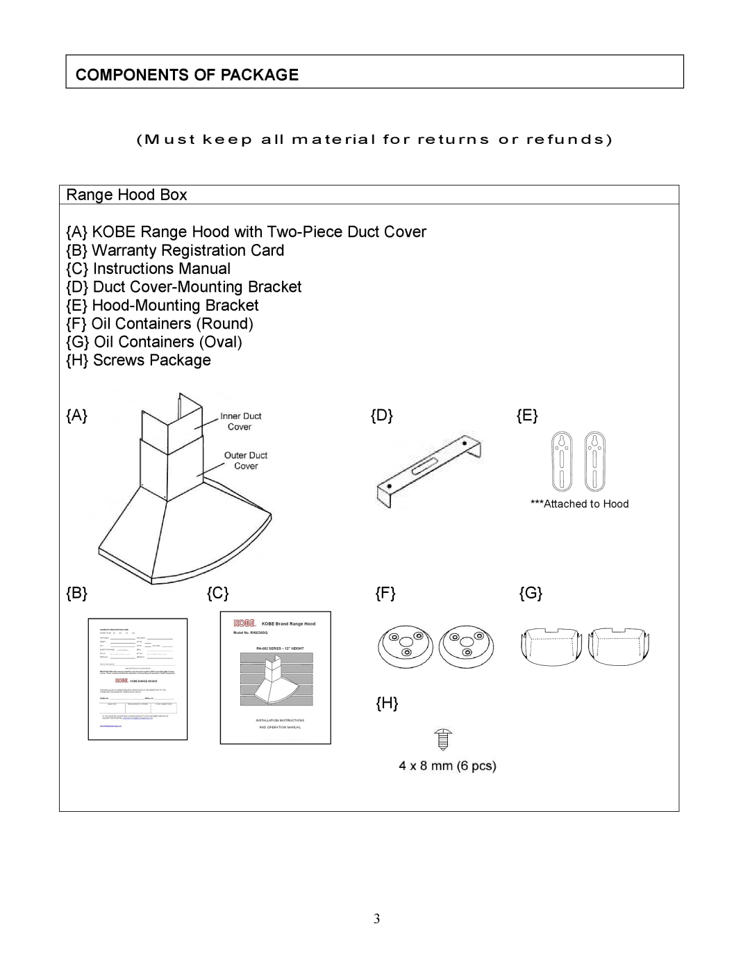 Kobe Range Hoods RA9236SQ manual Components of Package 