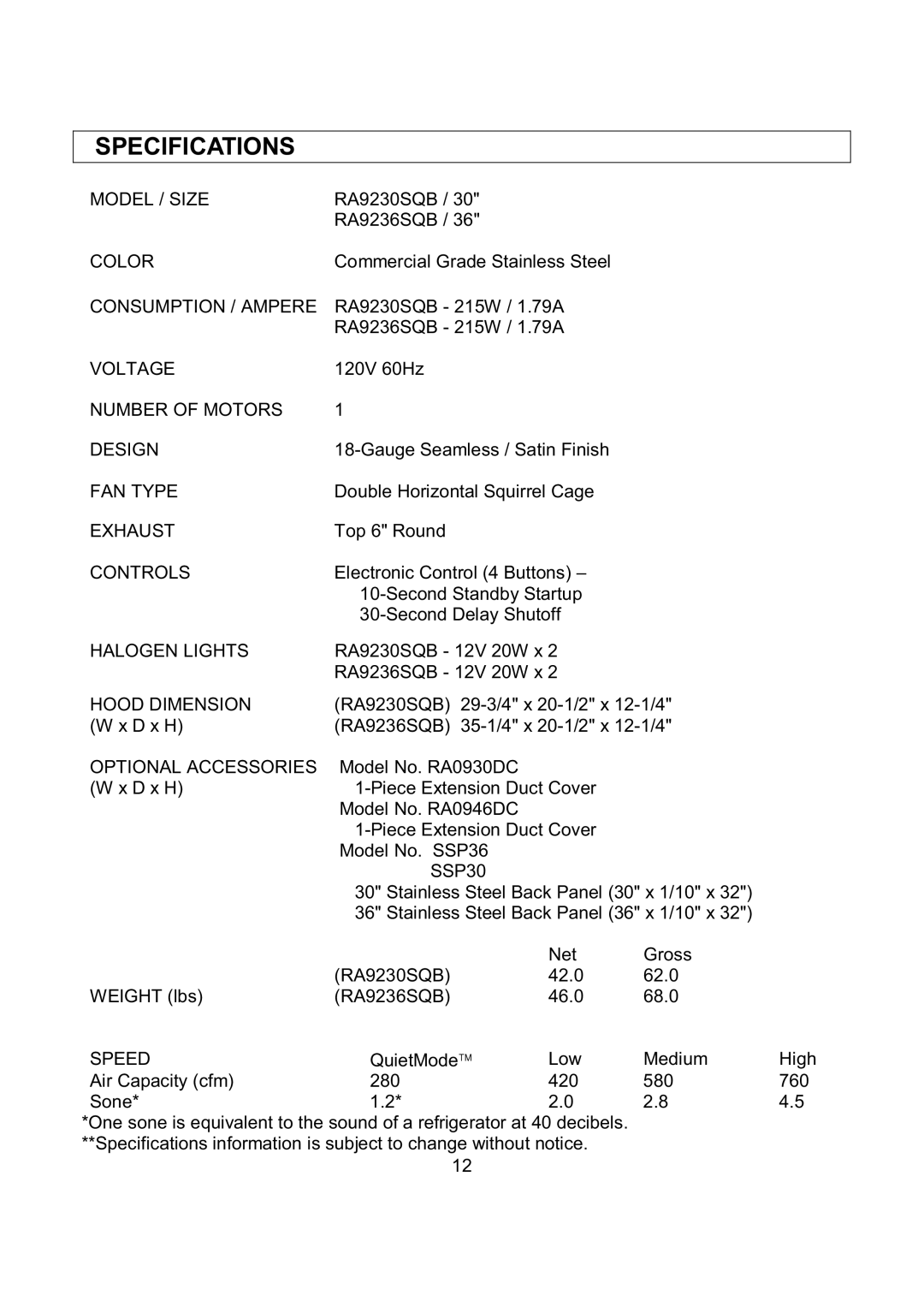 Kobe Range Hoods RA9236SQB, RA9230SQB installation instructions Specifications, SSP30 