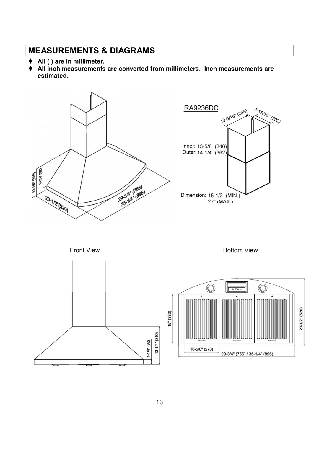 Kobe Range Hoods RA9230SQB, RA9236SQB installation instructions Measurements & Diagrams 