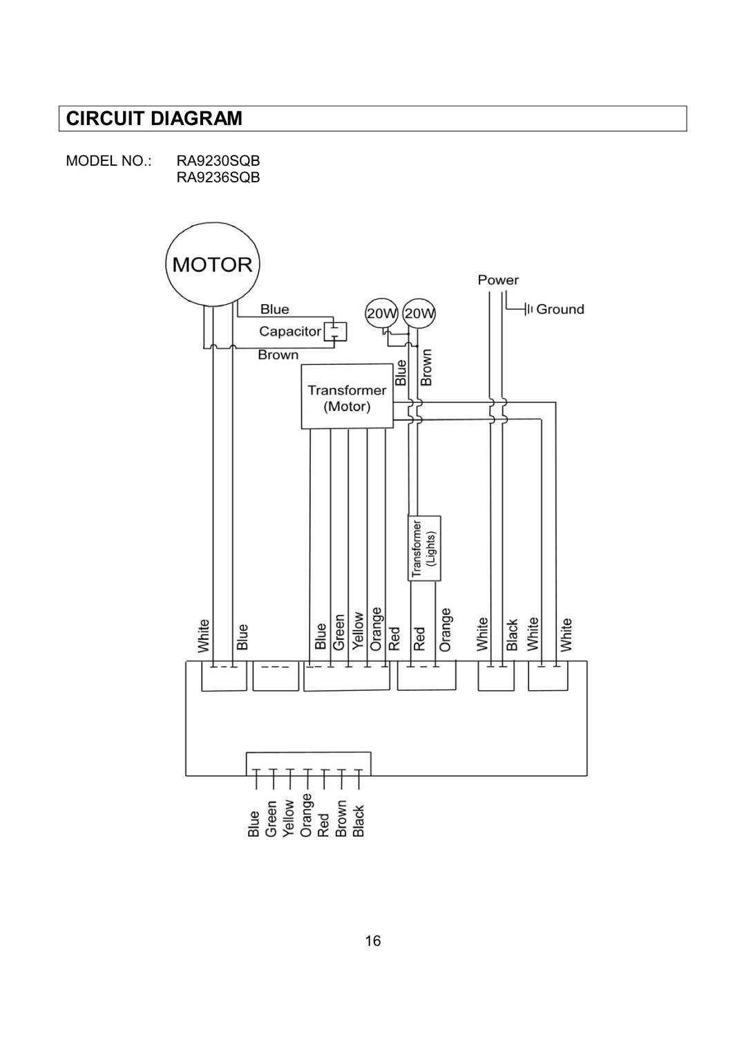 Kobe Range Hoods RA9236SQB, RA9230SQB installation instructions Circuit Diagram 