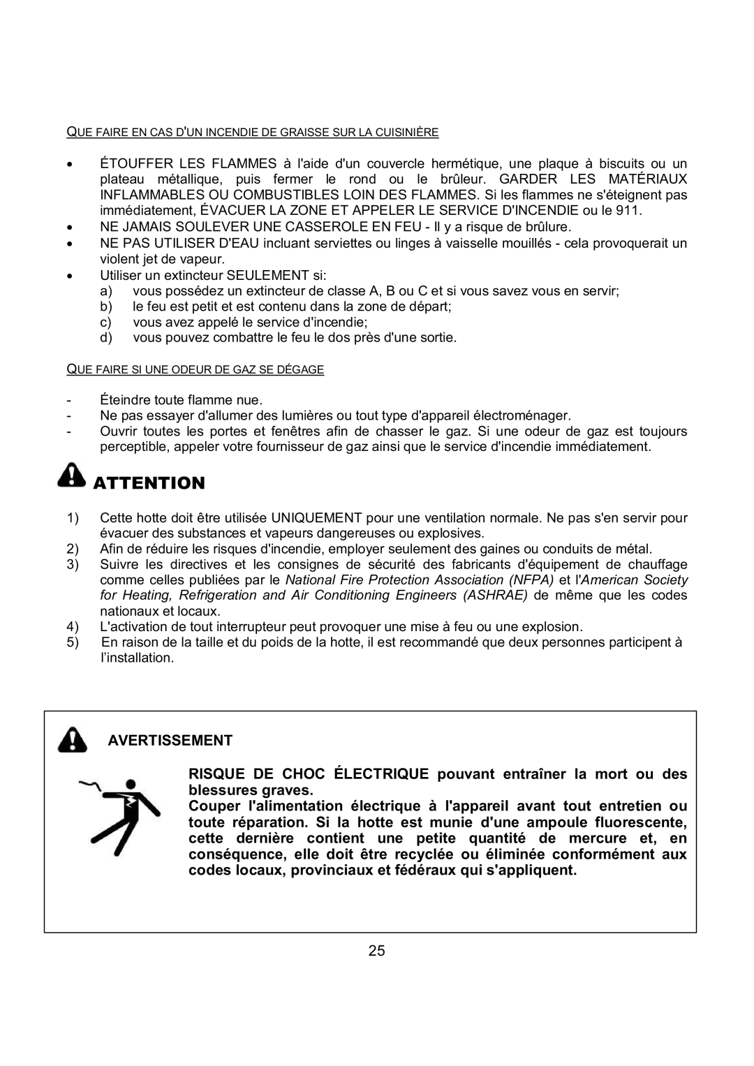 Kobe Range Hoods RA9230SQB, RA9236SQB installation instructions Avertissement 