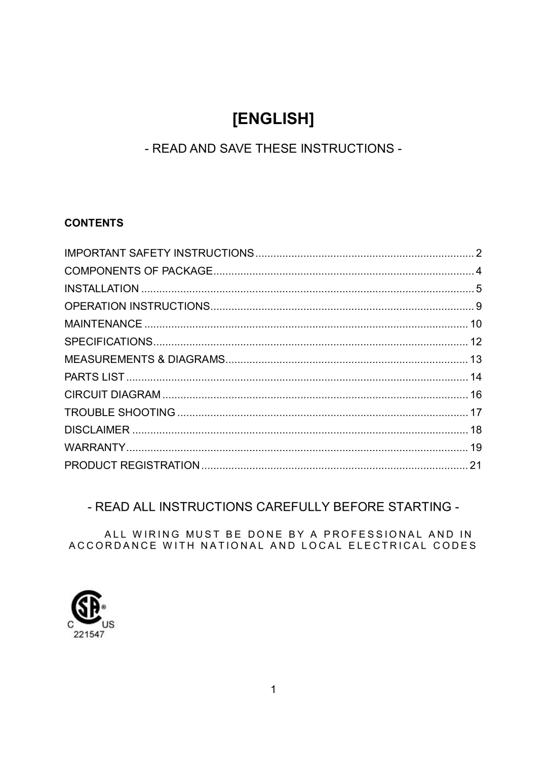 Kobe Range Hoods RA9230SQB, RA9236SQB installation instructions English, Contents 