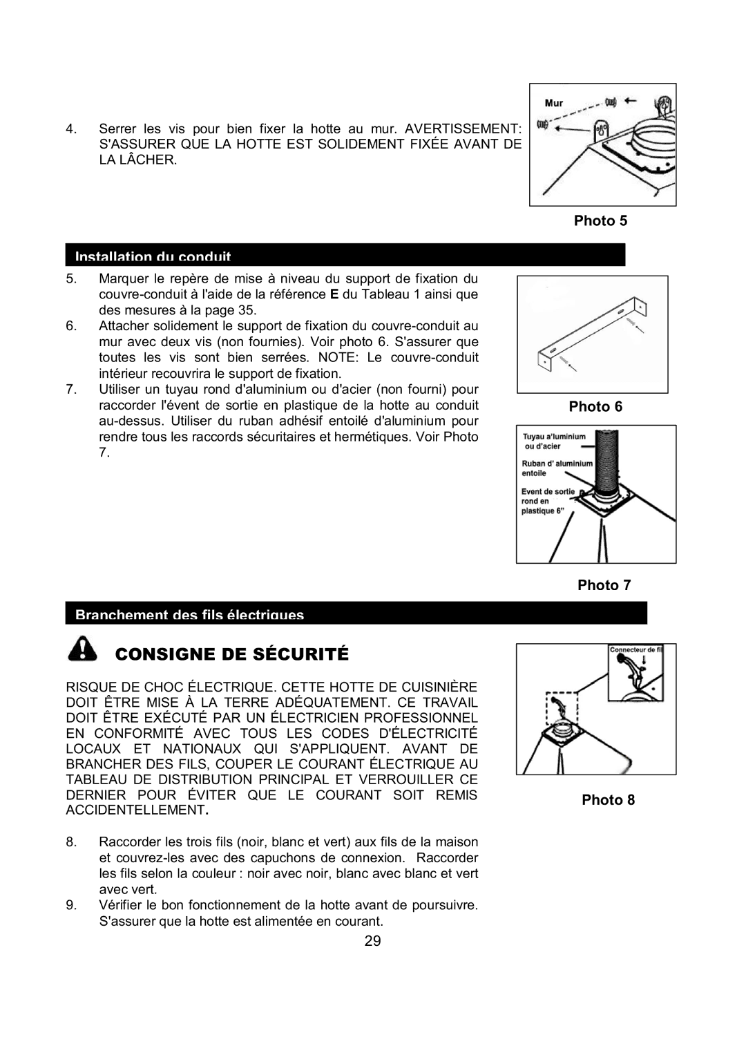 Kobe Range Hoods RA9230SQB, RA9236SQB installation instructions Branchement des fils électriques 