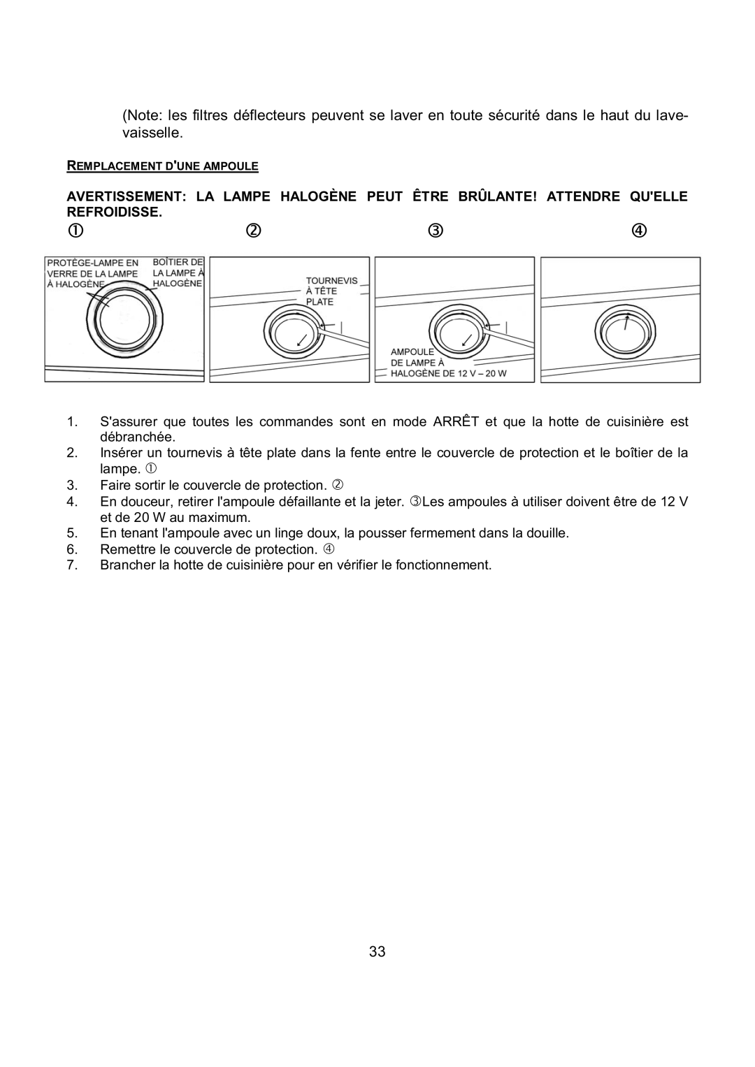 Kobe Range Hoods RA9230SQB, RA9236SQB installation instructions Remplacement Dune Ampoule 