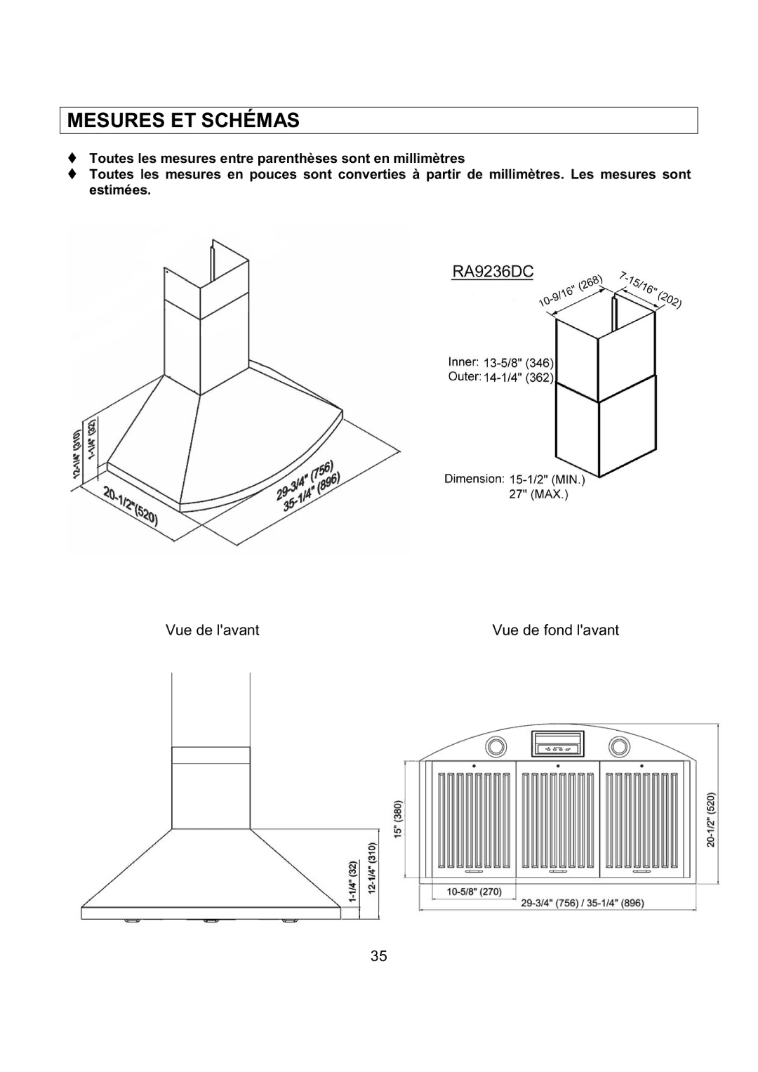 Kobe Range Hoods RA9230SQB, RA9236SQB installation instructions Mesures ET Schémas 