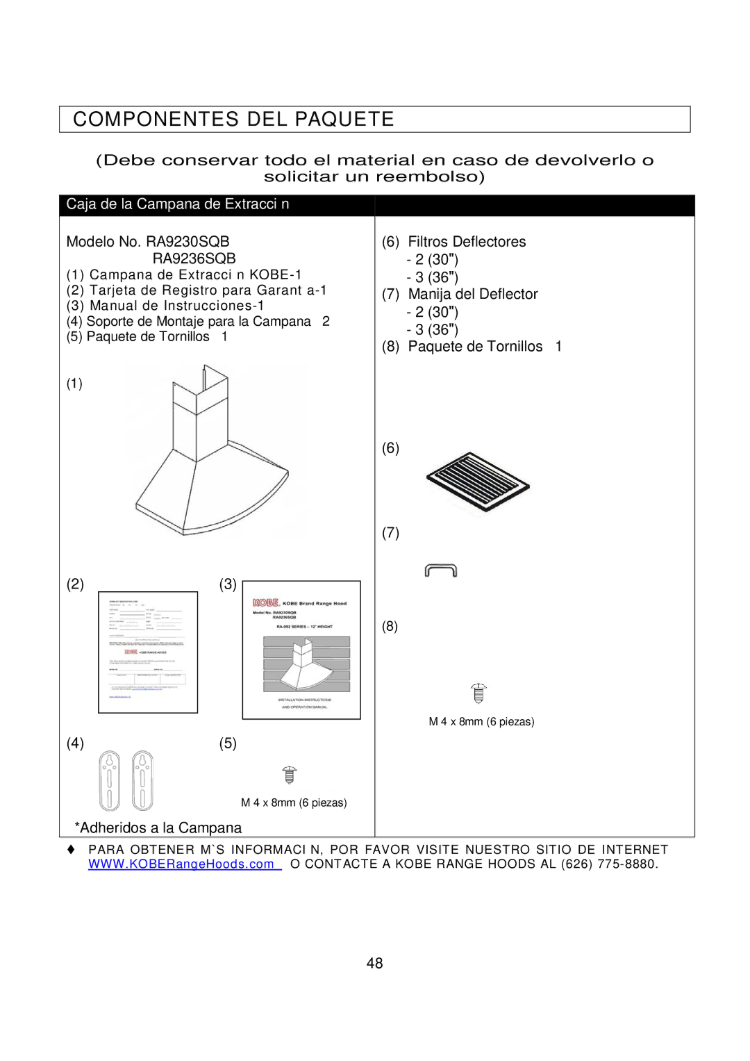 Kobe Range Hoods RA9236SQB, RA9230SQB installation instructions Componentes DEL Paquete 