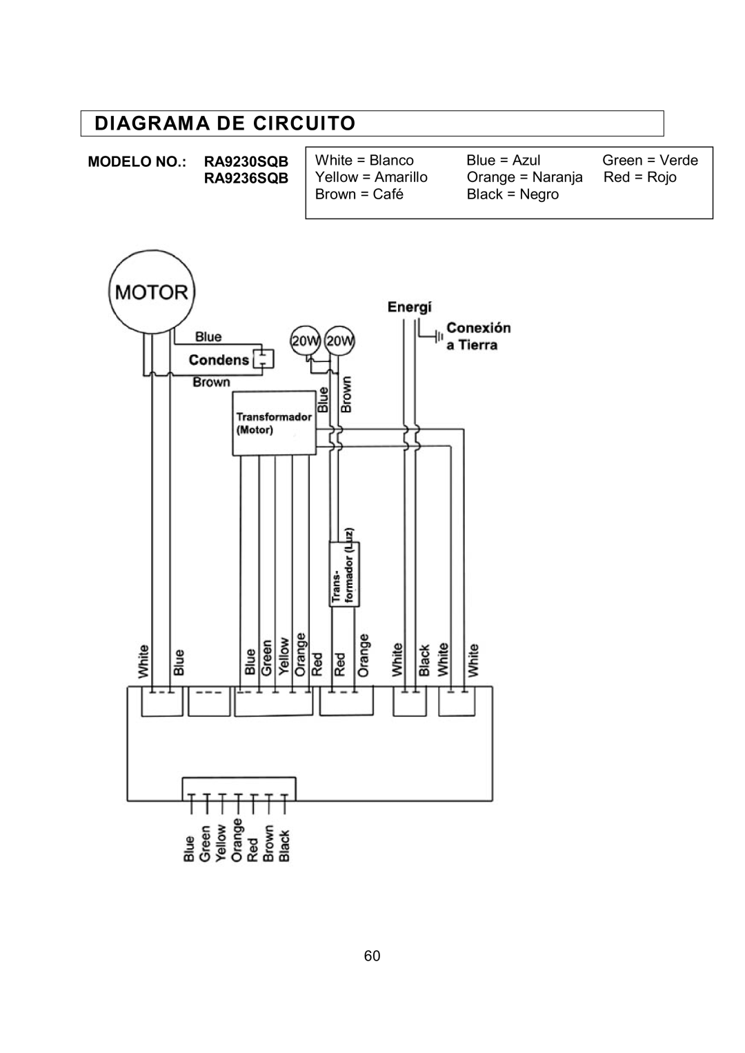 Kobe Range Hoods RA9236SQB installation instructions Diagrama DE Circuito, Modelo NO. RA9230SQB 