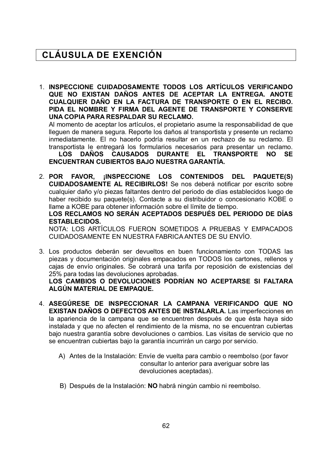 Kobe Range Hoods RA9236SQB, RA9230SQB installation instructions Cláusula DE Exención 