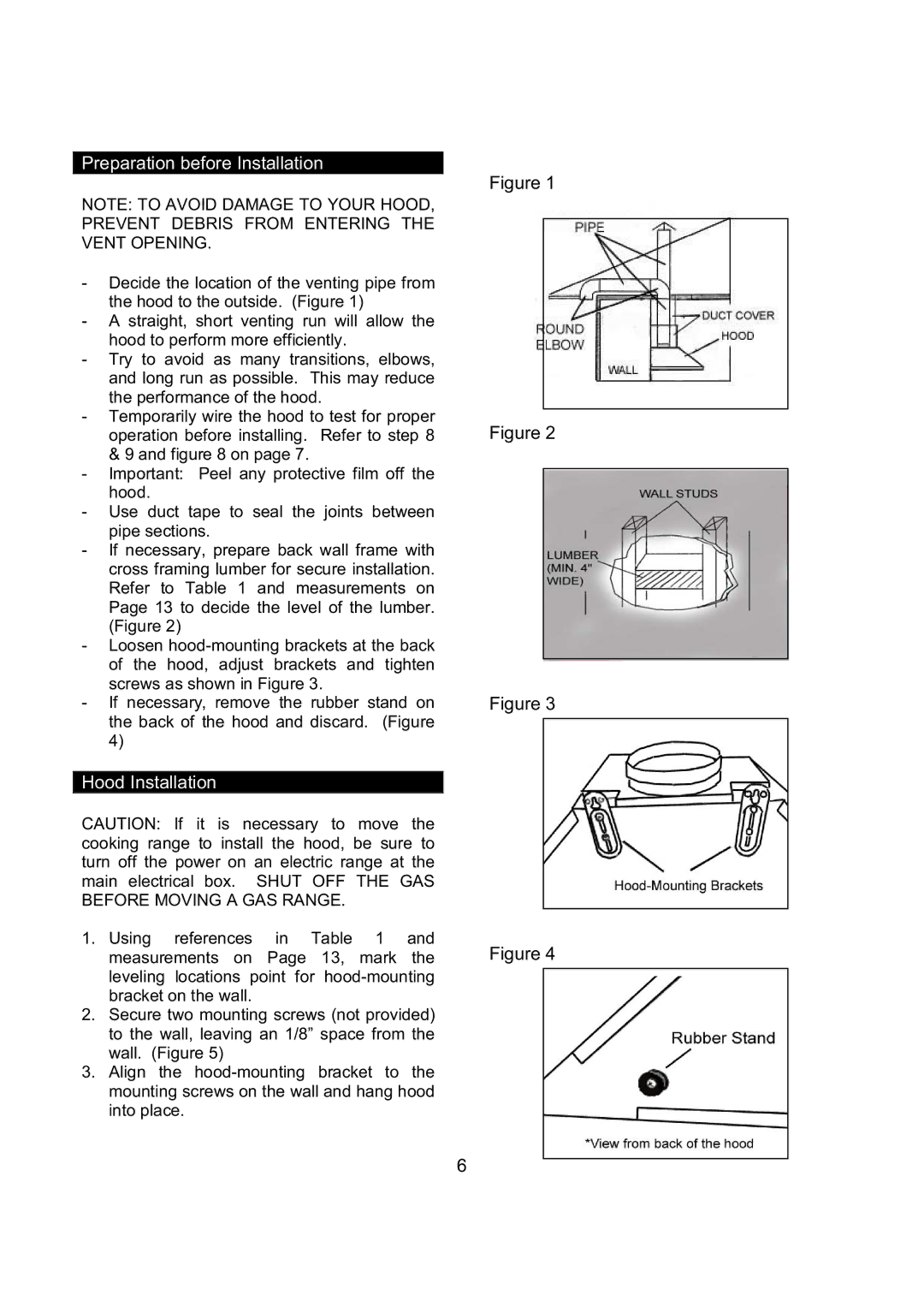 Kobe Range Hoods RA9236SQB, RA9230SQB installation instructions Preparation before Installation 