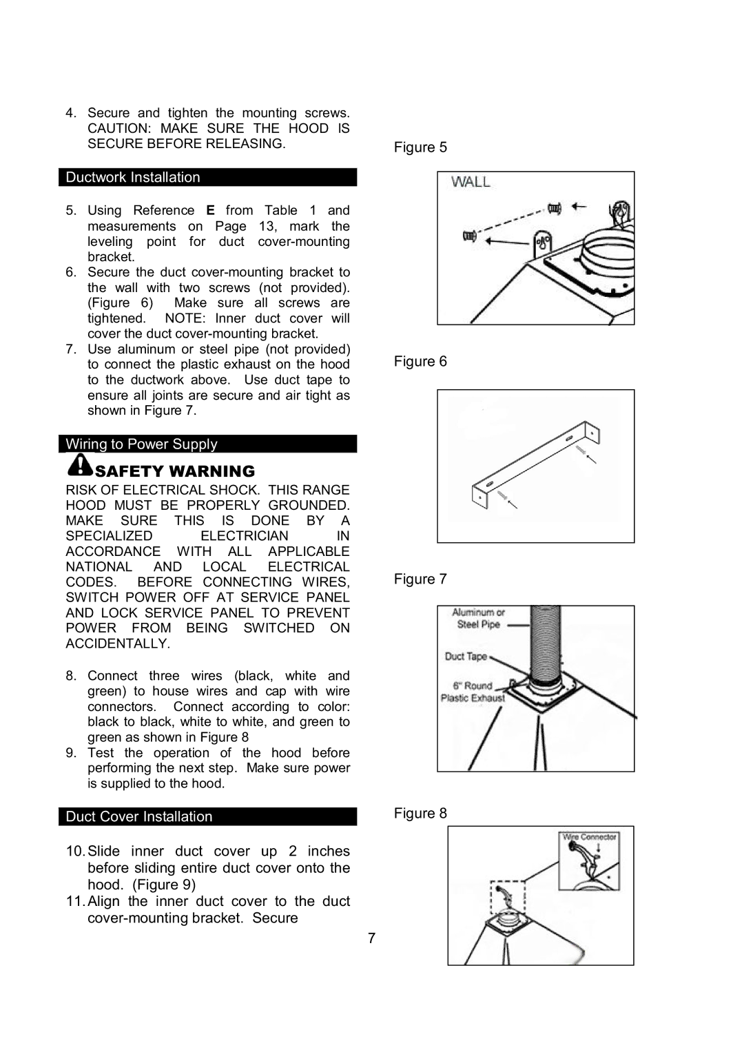 Kobe Range Hoods RA9230SQB, RA9236SQB installation instructions Safety Warning 