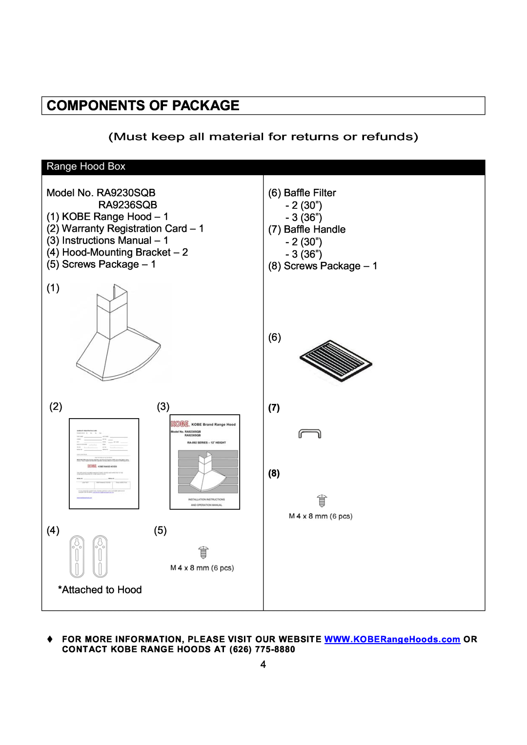 Kobe Range Hoods RA9236SQB, RA9230SQB installation instructions Components Of Package, Range Hood Box 