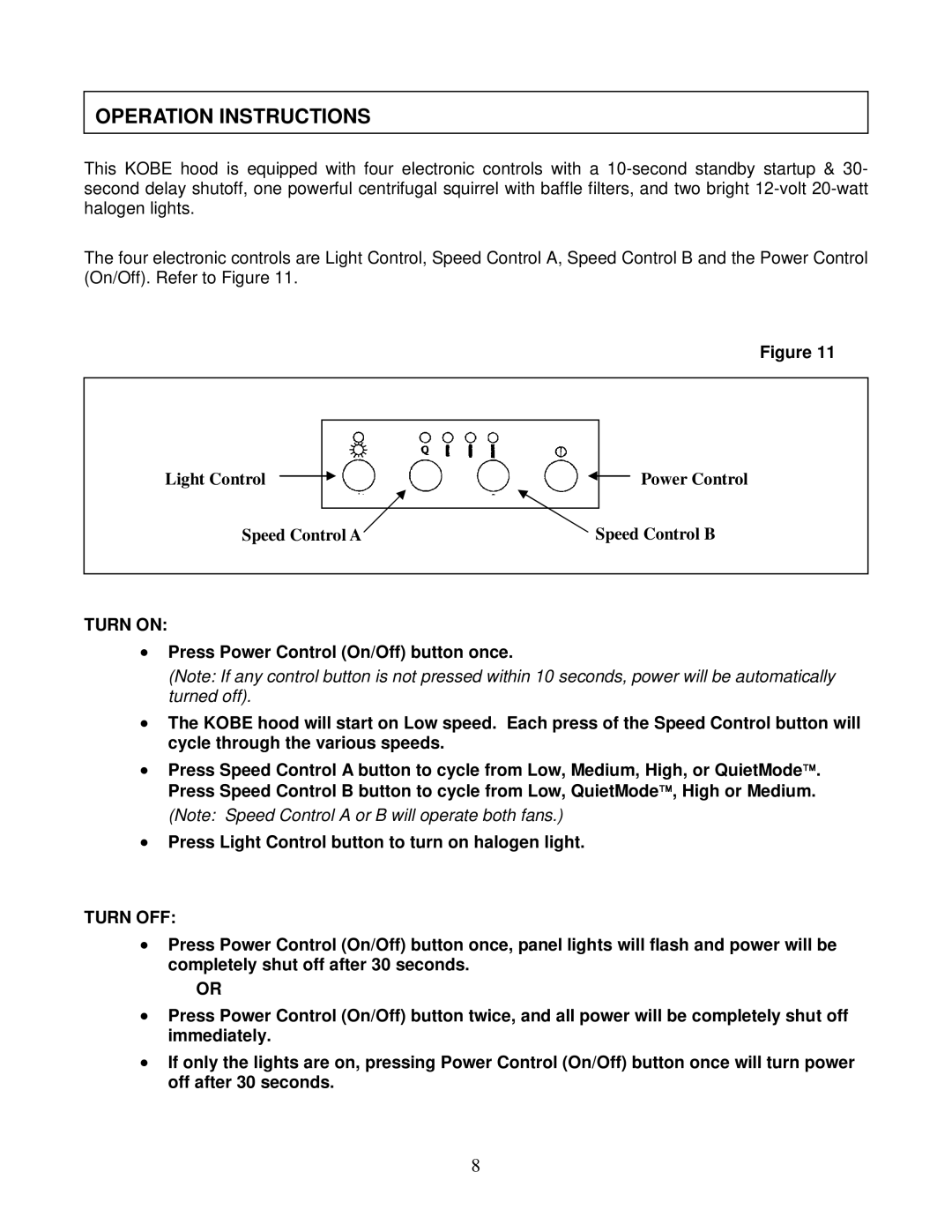 Kobe Range Hoods RA9436SQB Operation Instructions, Turn on, Press Light Control button to turn on halogen light, Turn OFF 