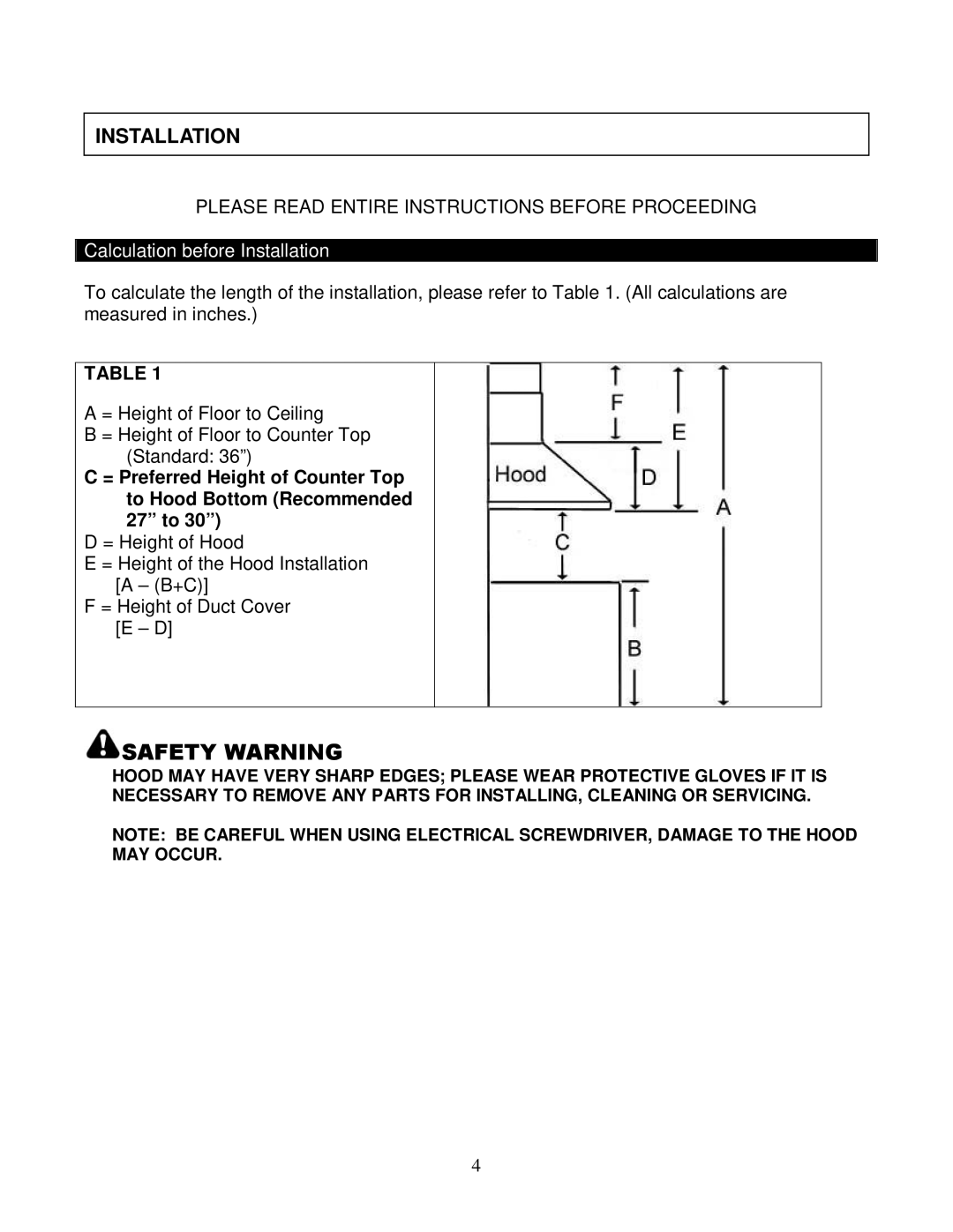 Kobe Range Hoods RA9430SQB, RA9436SQB, RA-094 manual Installation, Please Read Entire Instructions Before Proceeding 