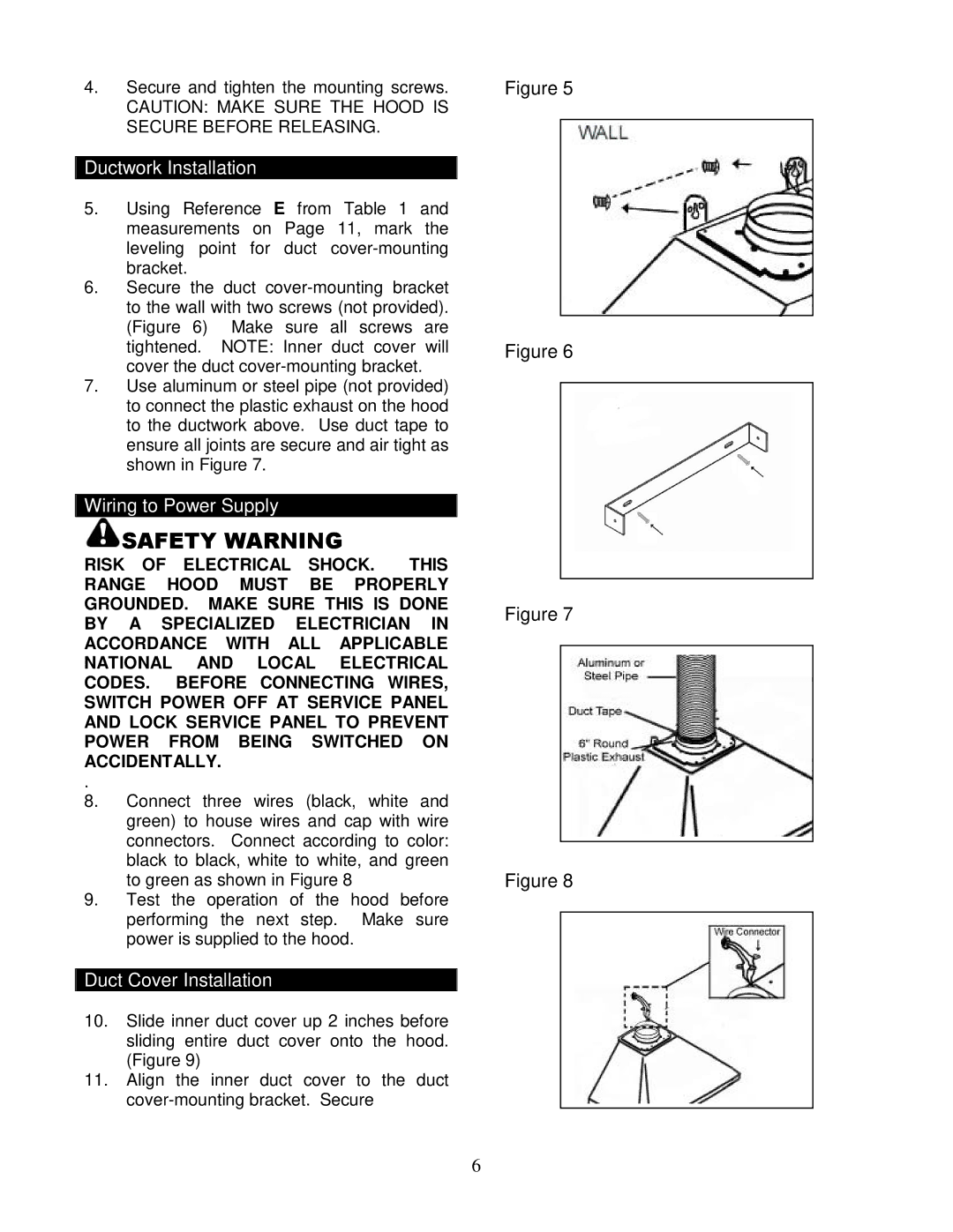 Kobe Range Hoods RA-094, RA9430SQB, RA9436SQB manual Wiring to Power Supply 