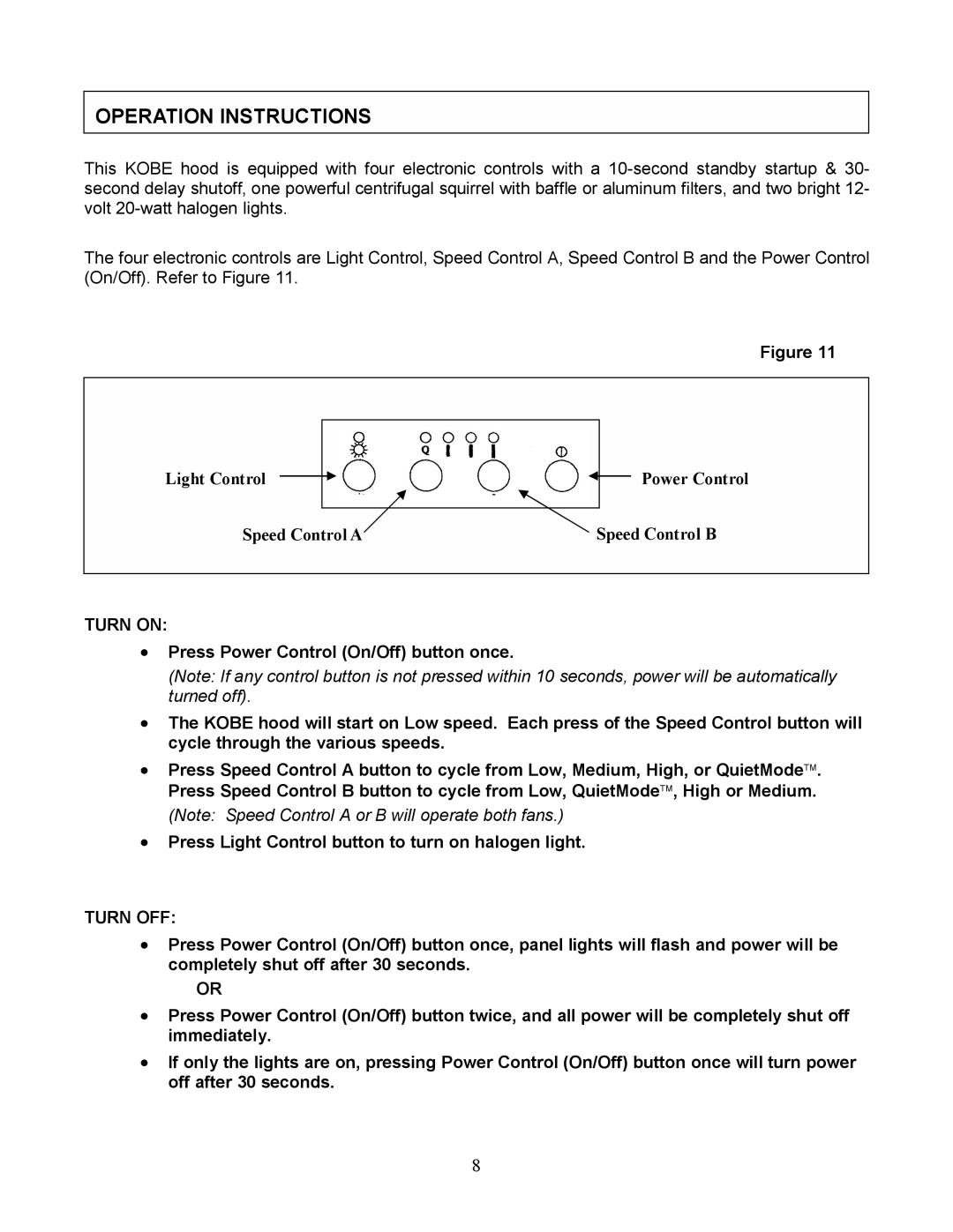 Kobe Range Hoods RA9436SQF, RA943SQB installation instructions Operation Instructions, Turn on, Turn OFF 