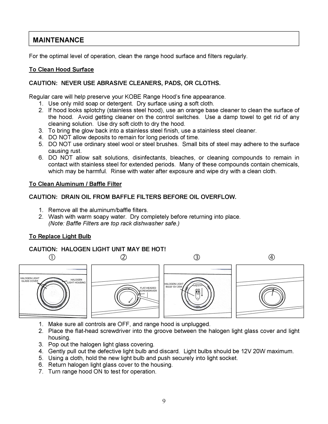 Kobe Range Hoods RA943SQB, RA9436SQF installation instructions Maintenance 