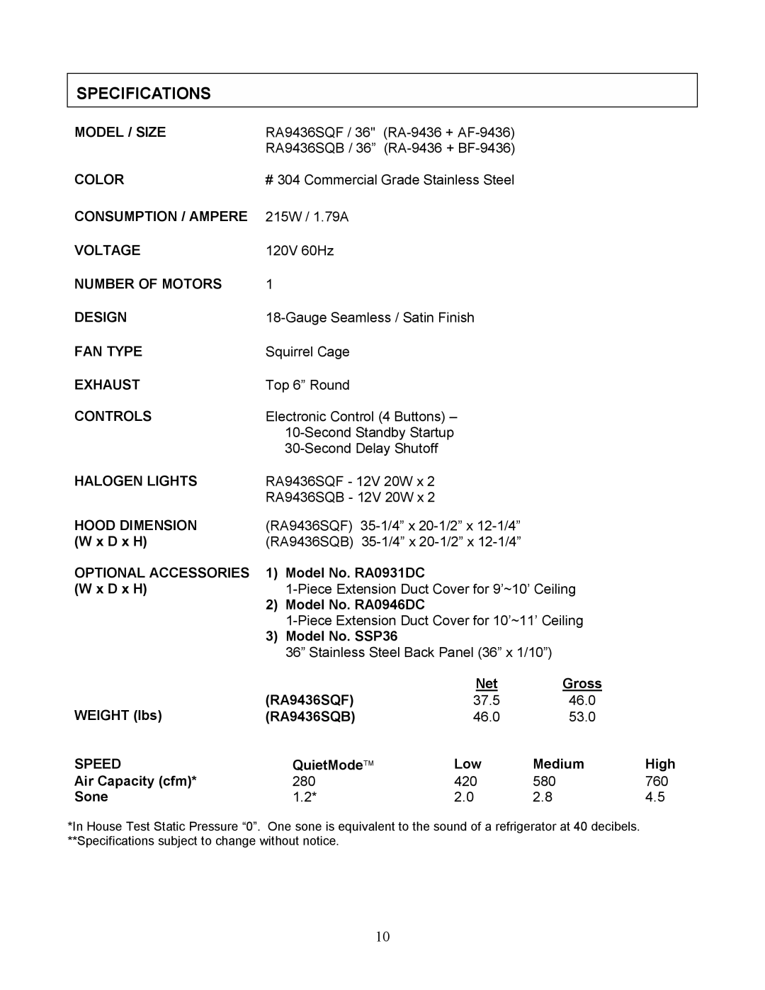 Kobe Range Hoods RA9436SQF, RA943SQB installation instructions Specifications 