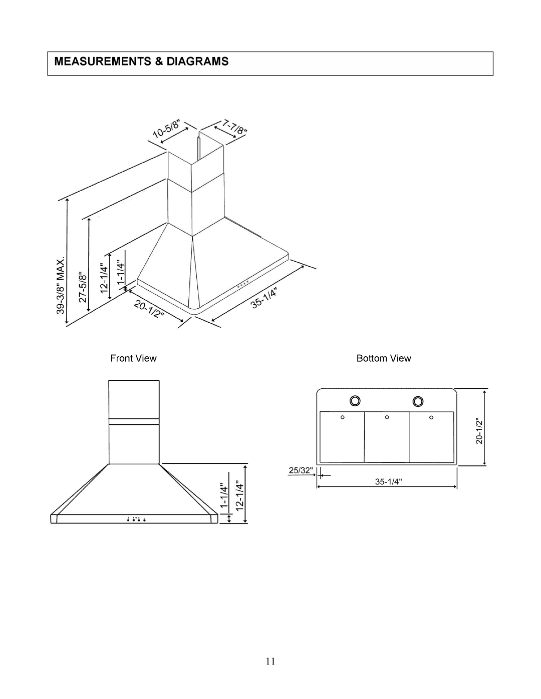 Kobe Range Hoods RA943SQB, RA9436SQF installation instructions Measurements & Diagrams 